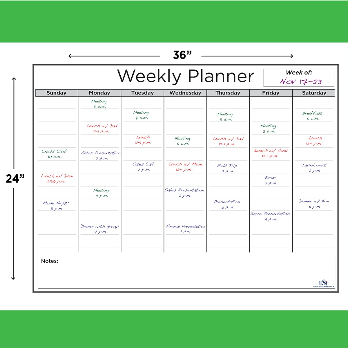 USI Opti Clear Large Dry Erase Weekly Wall Calendar - 24