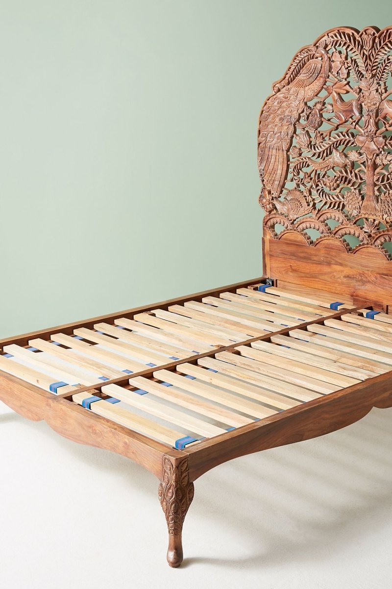 Hand Carved Peacock Woodland Bed - Custom Design Wooden King/Queen Size Bed with Intricate Carvings | Perfect for Master Bedroom, Guest Room or Luxury Hotel Decor