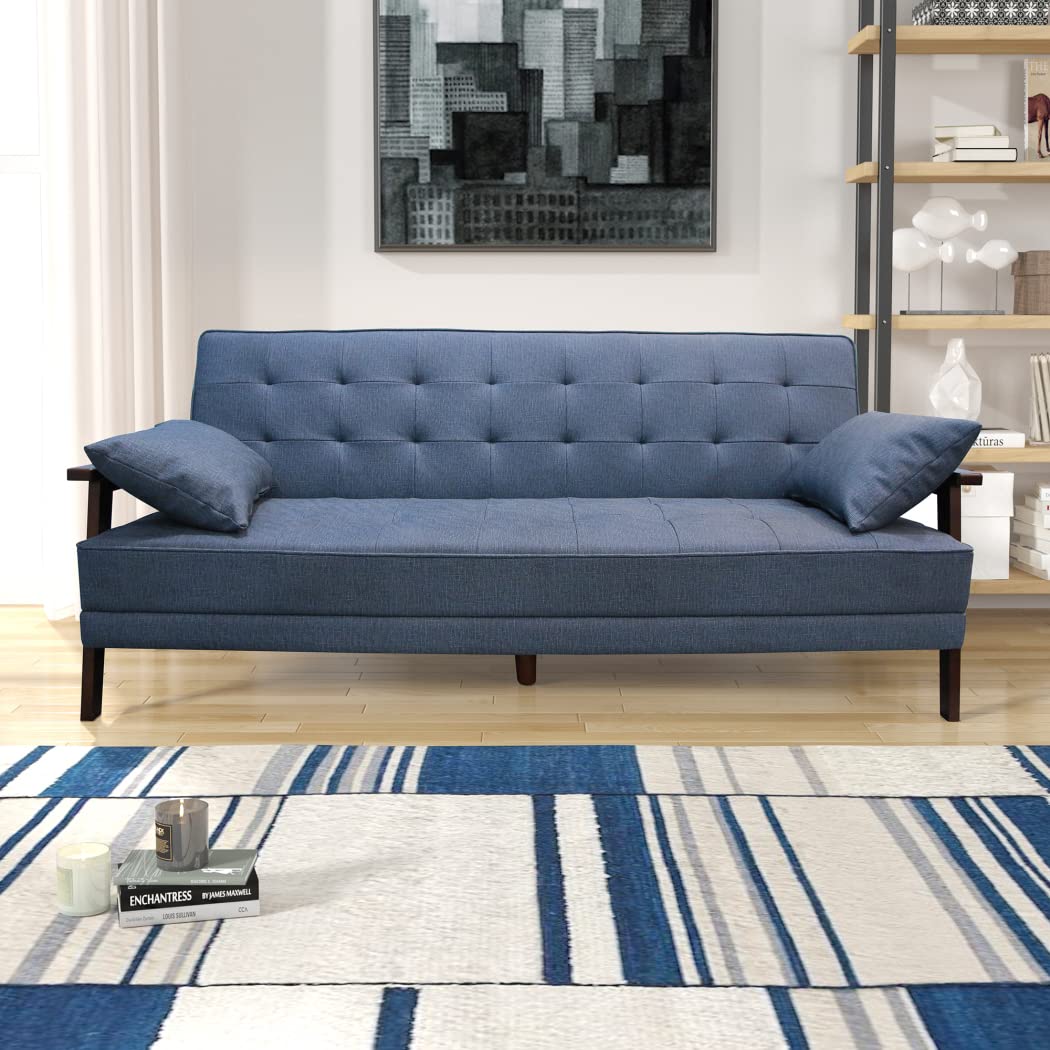 DNChuan Natural Fiber Casting Leather Futon Sofa Bed with Wood Armrest - 3-Seater Dark Blue Convertible Couch with 2 Pillows | Perfect for Small Spaces, Guest Rooms & Studio Apartments