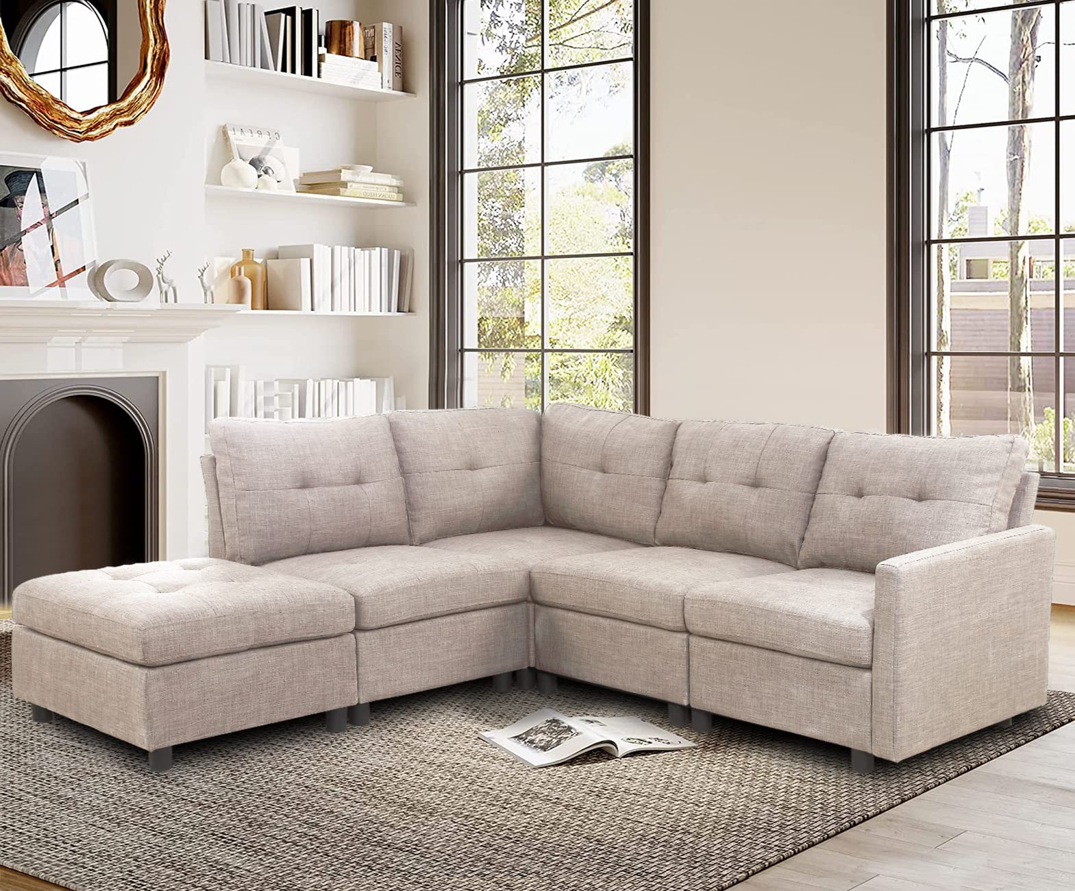 4-Seat Modular Sectional Sofa Set with Ottoman - L-Shaped Fabric Couch for Living Room, Basement & Apartment - Khaki Grey | Perfect for Family Gatherings & Movie Nights