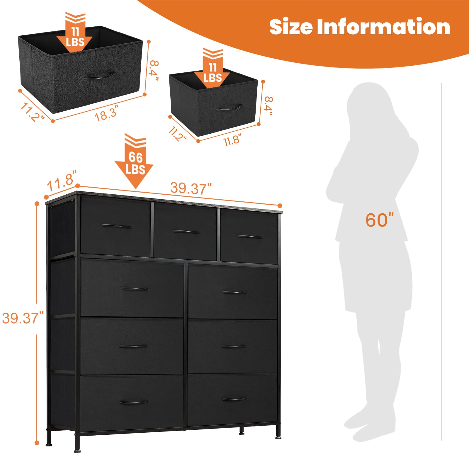 Sweetcrispy 9-Drawer Fabric Dresser for Bedroom - Tall Clothing Storage Organizer with Cabinet, Metal Frame & Wooden Top - Lightweight Nursery Furniture in Black - Perfect for Closet, Kids Room & Small Space Organization