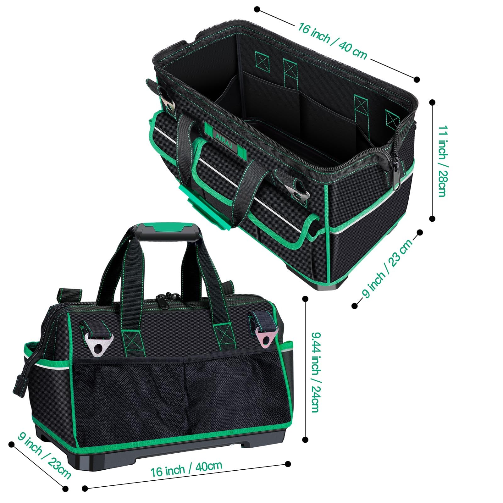 AIRAJ 16-Inch Heavy Duty Tool Bag with Reflective Strips - Wide Mouth Design with 15 Pockets, Adjustable Shoulder Strap - Durable Craftsman Tool Organizer for Electricians, Plumbers & DIY Enthusiasts - Perfect for Job Sites, Home Repairs & Workshop Organization