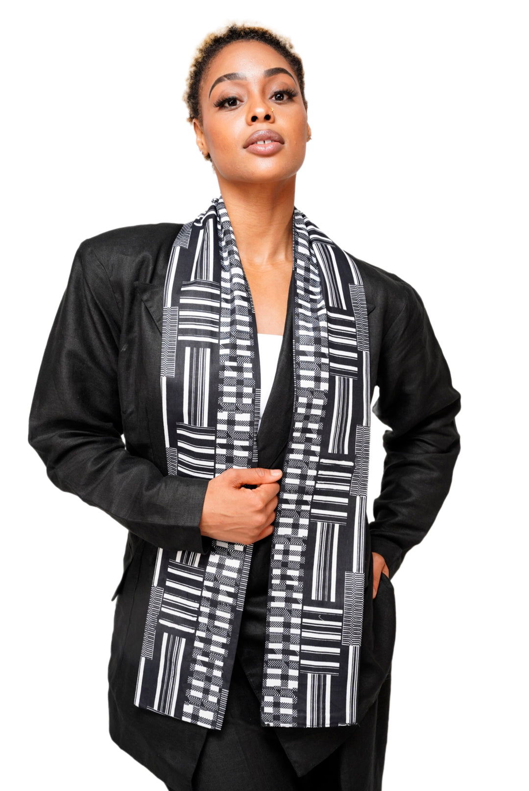 Authentic Black and White Kente African Print Stole Sash - Handwoven Ghanaian Scarf for Weddings, Graduations & Cultural Events