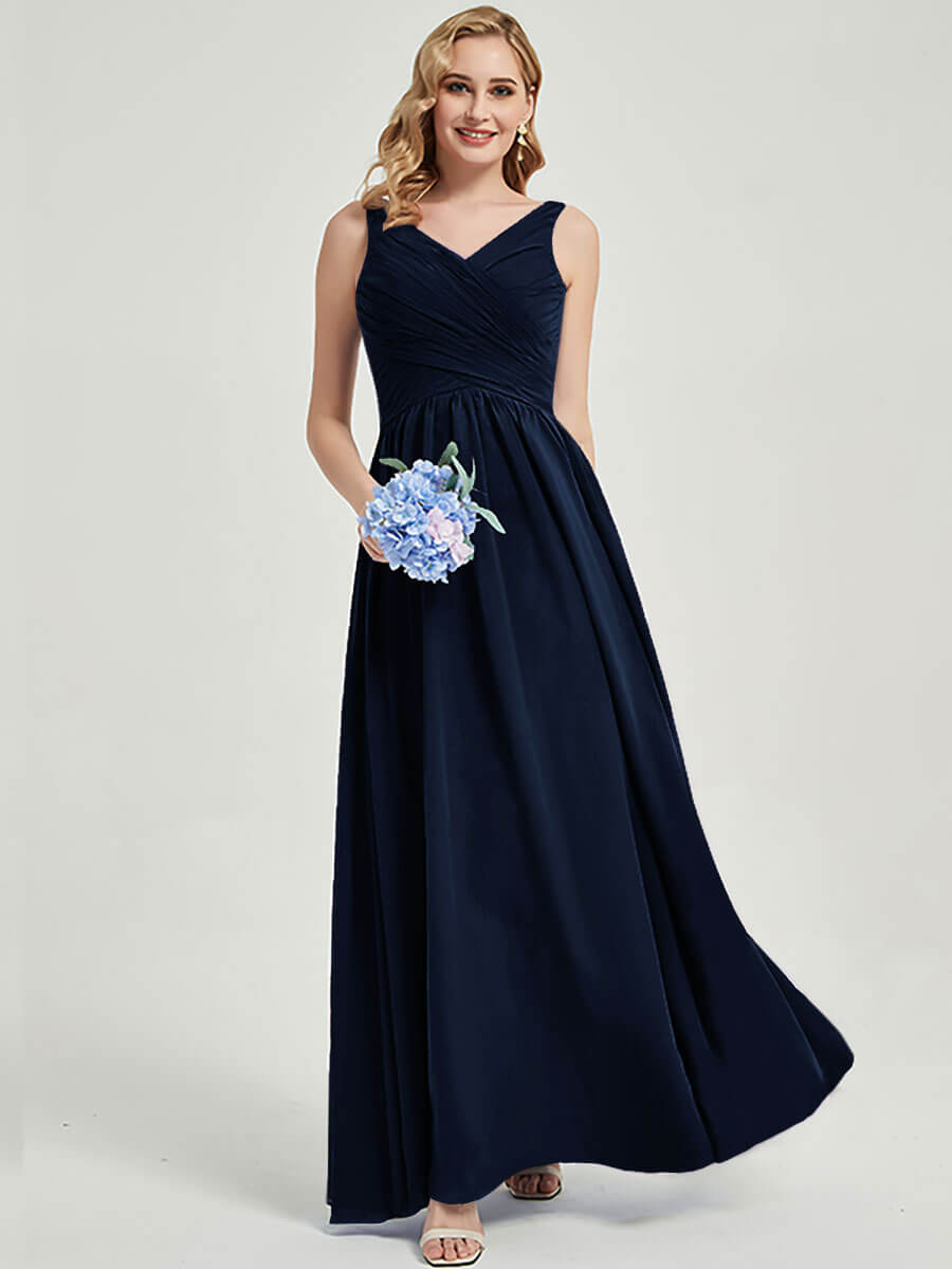 Elegant Dark Navy Blue Wide Straps Sleeveless V-Neck Pleated Flowy Bridesmaid Dress - Perfect for Weddings, Parties & Formal Events