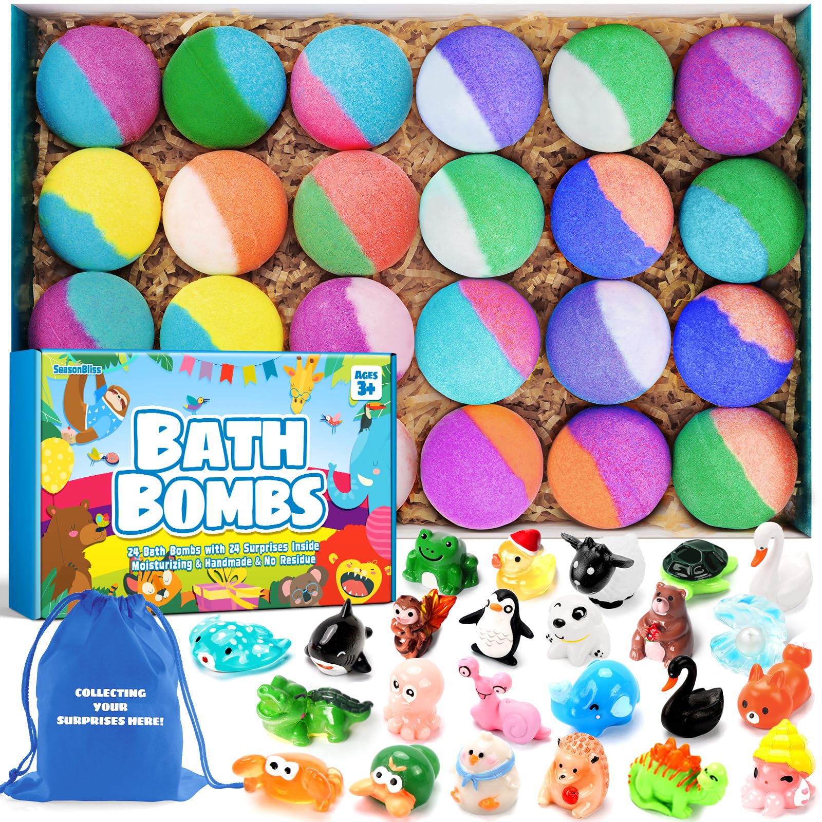 24 Pack Kids Bath Bombs with Surprise Inside - Fun Bubble Bath Toys for Girls & Boys Ages 3+, Perfect Gift for Birthday & Relaxing Bath Time (Includes Storage Bag)