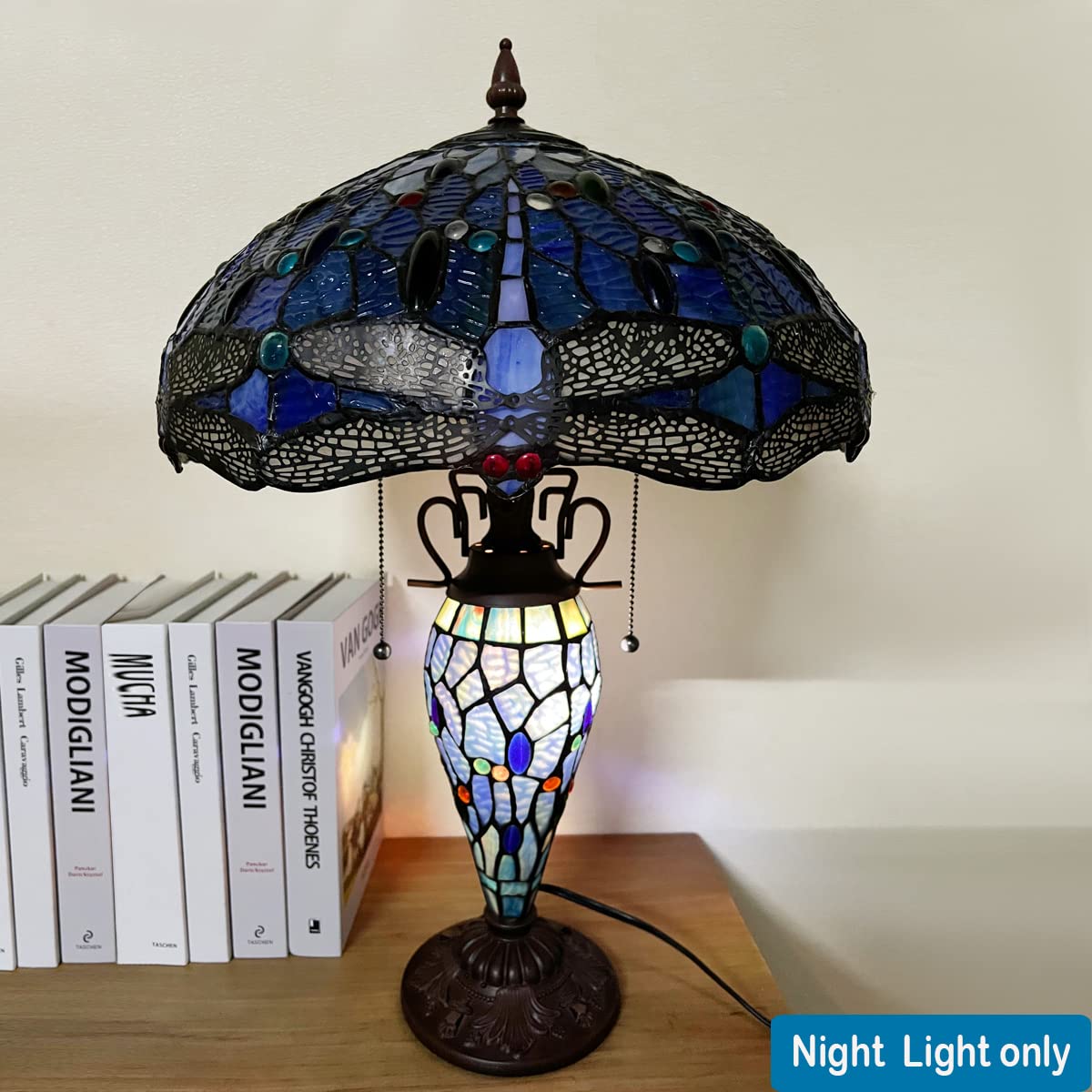 Tiffany Style Table Lamp - Antique Blue Dragonfly Stained Glass, 3-Light 16x16x24 Inches, Mother-Daughter Vase Design for Home Office, Living Room & Bedroom | Perfect for Reading Nooks, Nightstand Lighting & Home Decor Accents