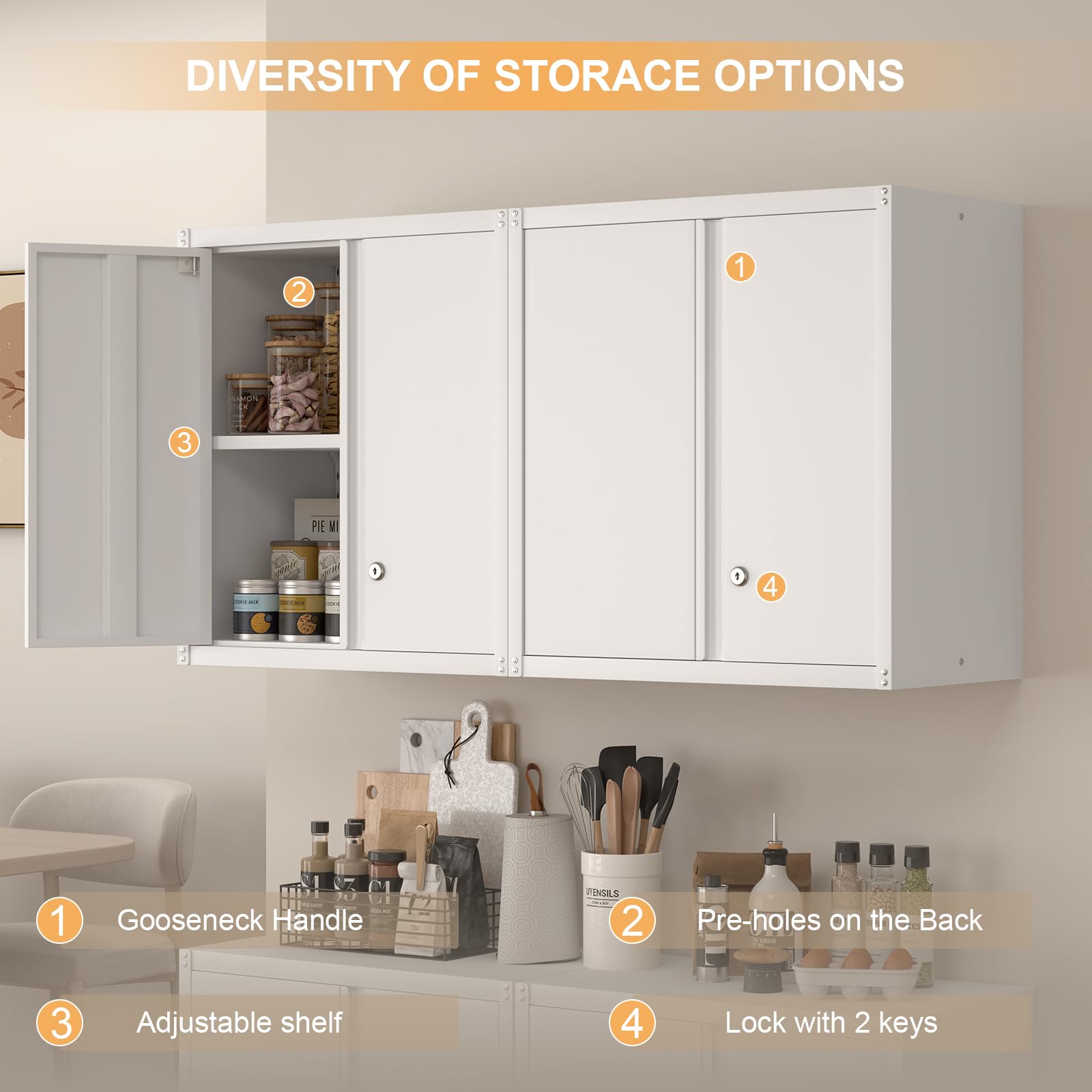 White Metal Wall Cabinet - 2 Door Steel Storage Hanging Cabinet for Office, Home, Kitchen & Bathroom - Durable Wall Mounted Organizer for Shelves, Towels & Supplies