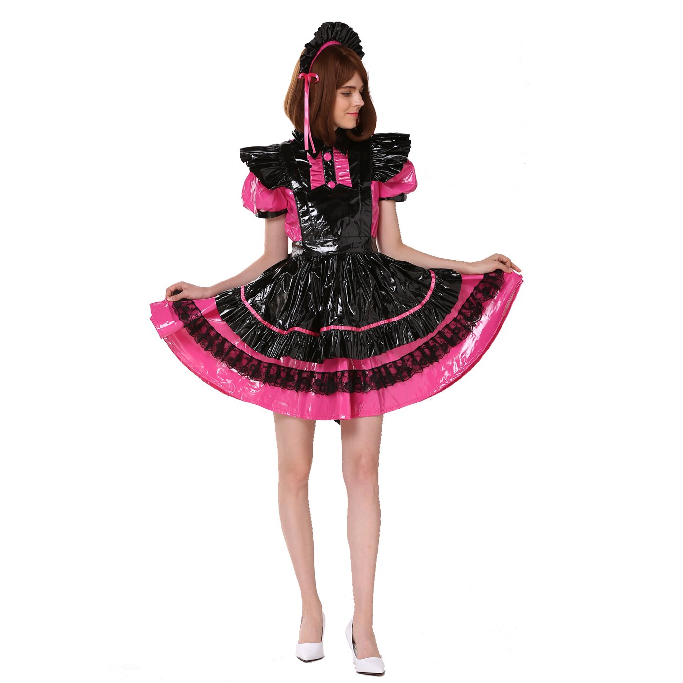 Sexy French Maid Costume for Women - Pink & Black PVC Lockable Dress for Crossdressing, Cosplay & Role Play | Halloween, Bachelorette Party & Adult Fantasy Outfit