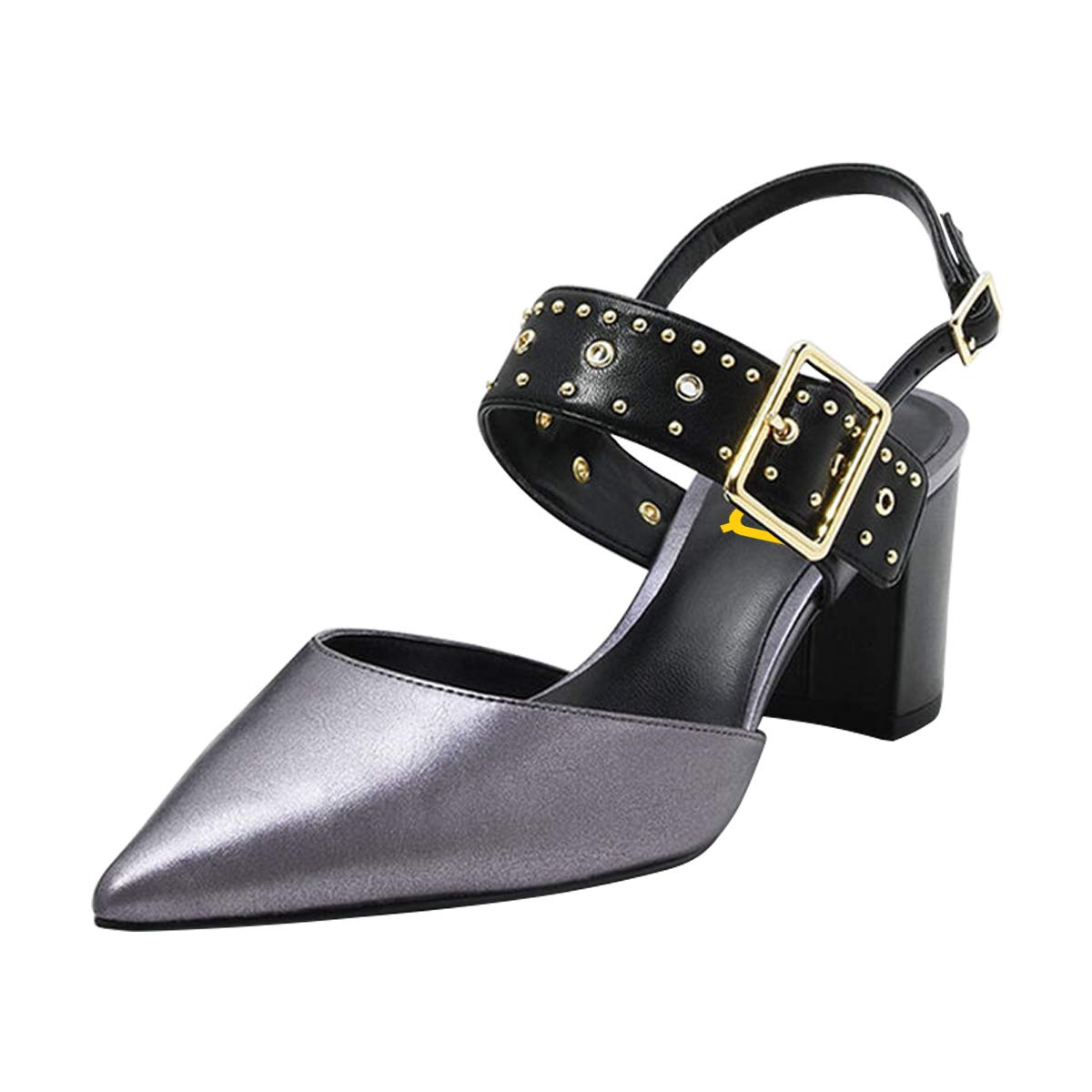 FSJ Women's Chunky Heel Ankle Strap Sandals - Pointed Toe Studded Pumps with Rivet Details for Office, Party & Dress Occasions (US Size 4-15) | Comfortable Block Heel Shoes for Work, Wedding & Night Out