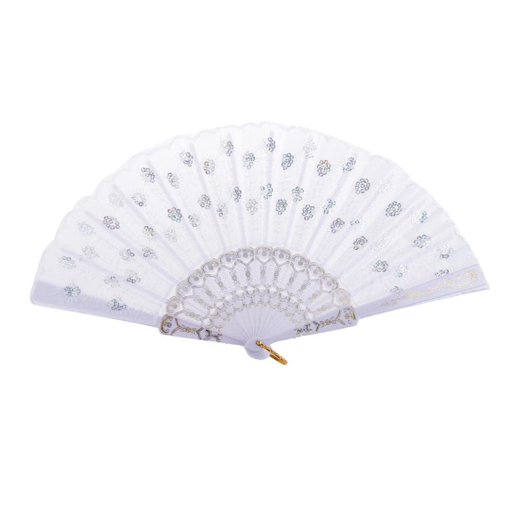 Handheld Oriental Embroidery Fan with Sequins - Foldable Plastic Fan for Women, Wedding, Party & Home Decor - Elegant White Chinese Style Fan for Cooling, Dance Performances & Asian-Themed Events