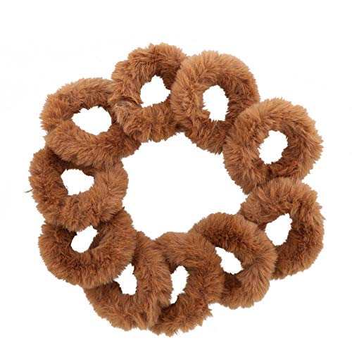 Soft Fuzzy Fur Scrunchies Set of 10 - Tan Pony Tail Holders for Women & Girls, Perfect for Everyday Style, Workouts, and Casual Outings