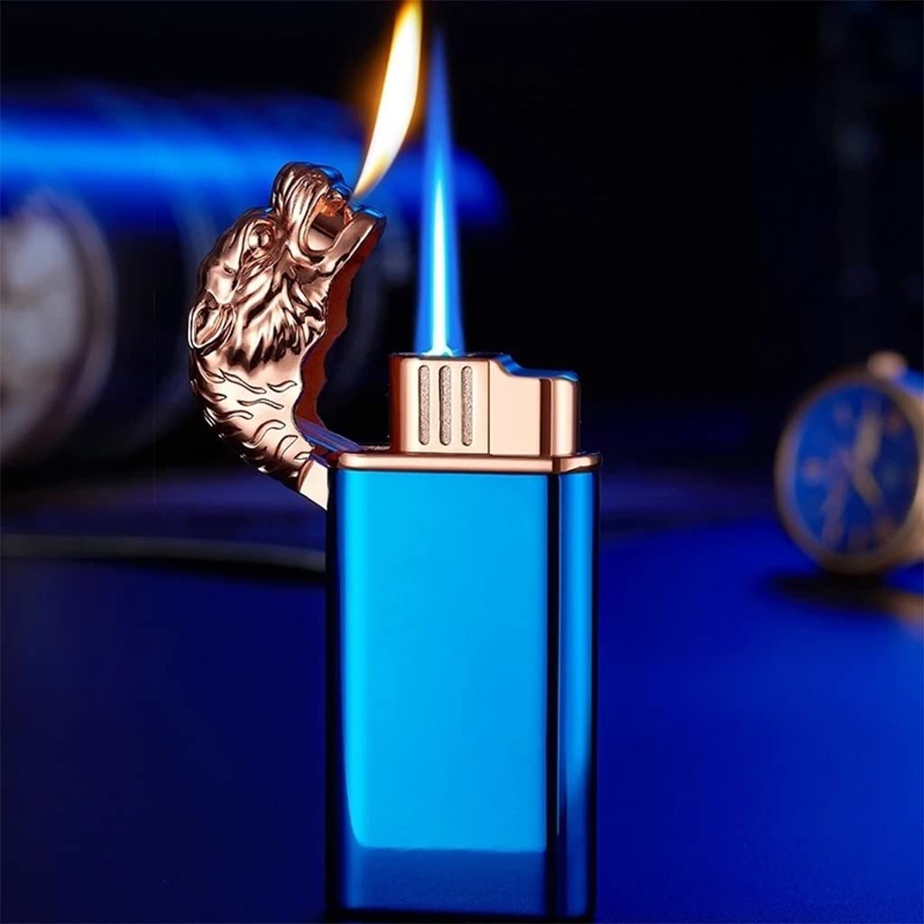 Premium Dual Flame Lighter (Soft + Jet Flame) - Windproof Adjustable Butane Lighter for Cigars, Refillable Metal Torch Lighter - Unique Gift for Men (Blue) - Perfect for Outdoor Camping, BBQ & Travel Accessories