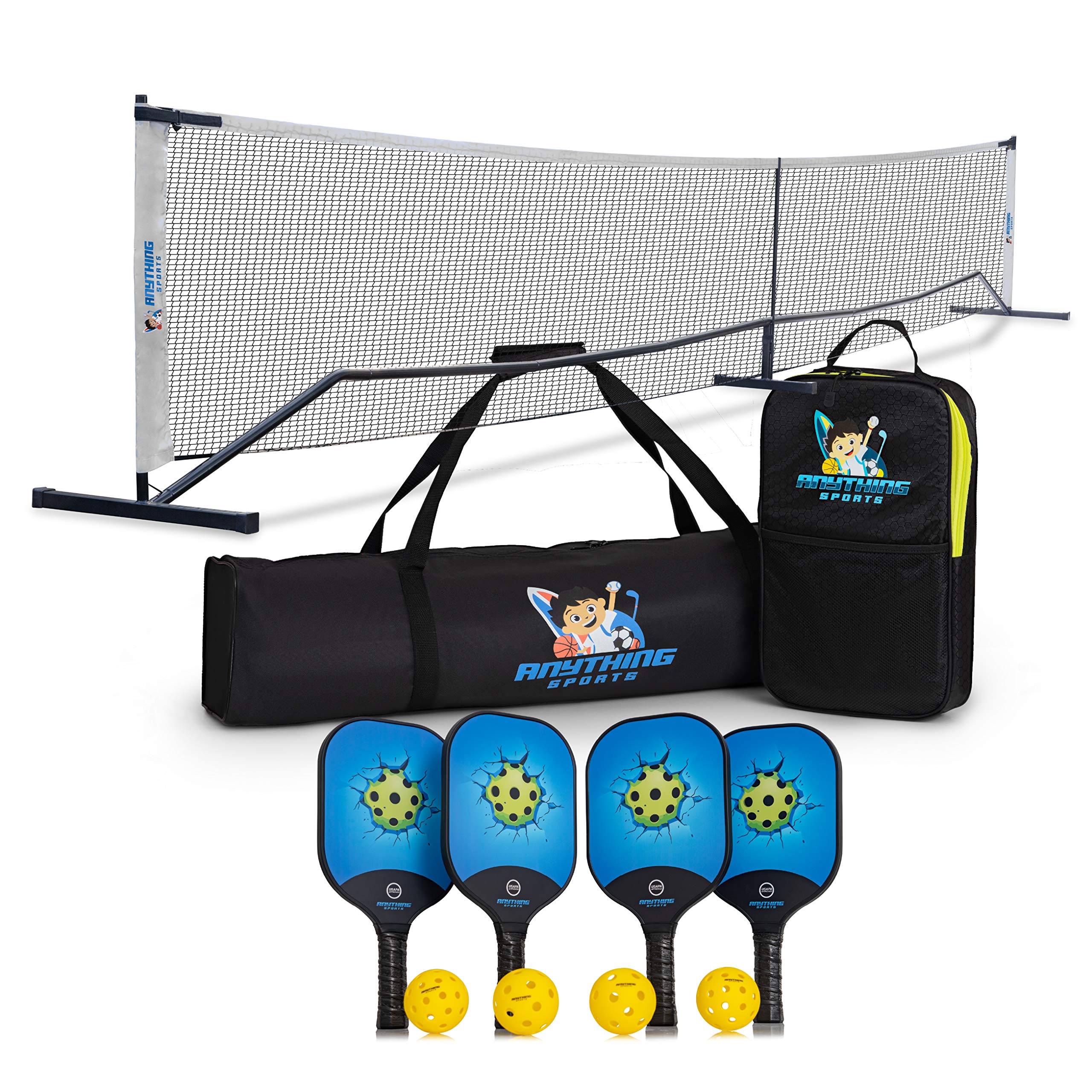 Premium 3-in-1 Portable Pickleball Set - Regulation Size Net, 4 USAPA Approved Carbon Fiber Paddles & 4 Balls | Complete Indoor/Outdoor Game Equipment for Backyard, Beach, Park & Court Play