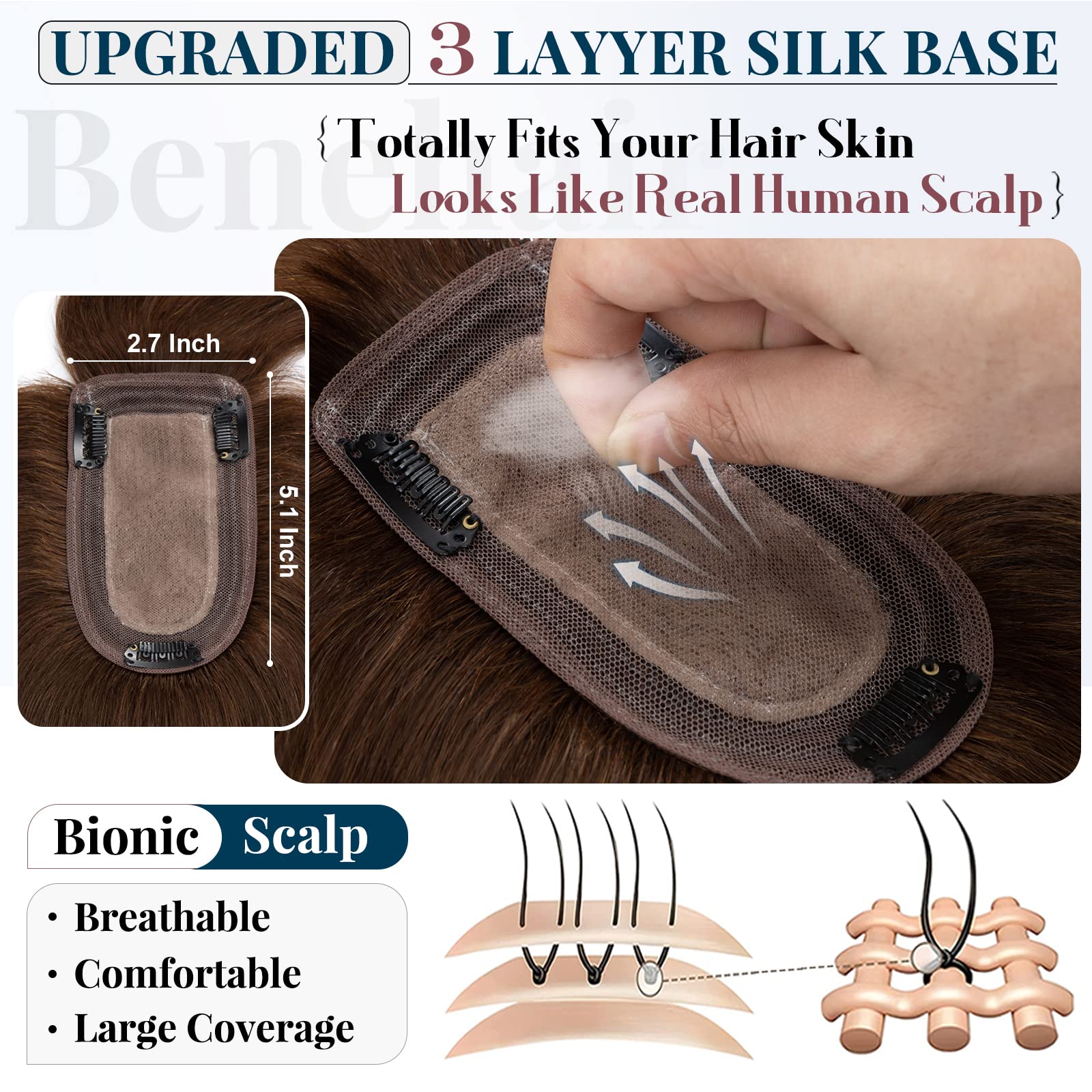 Benehair Clip-in Topper Hair Extension – 12 Inch Human Hair with Thin Bangs, Handmade Silk Base, Straight & Soft for Women with Hair Loss (Medium Brown #4) – Perfect for Daily Wear, Parties & Special Occasions