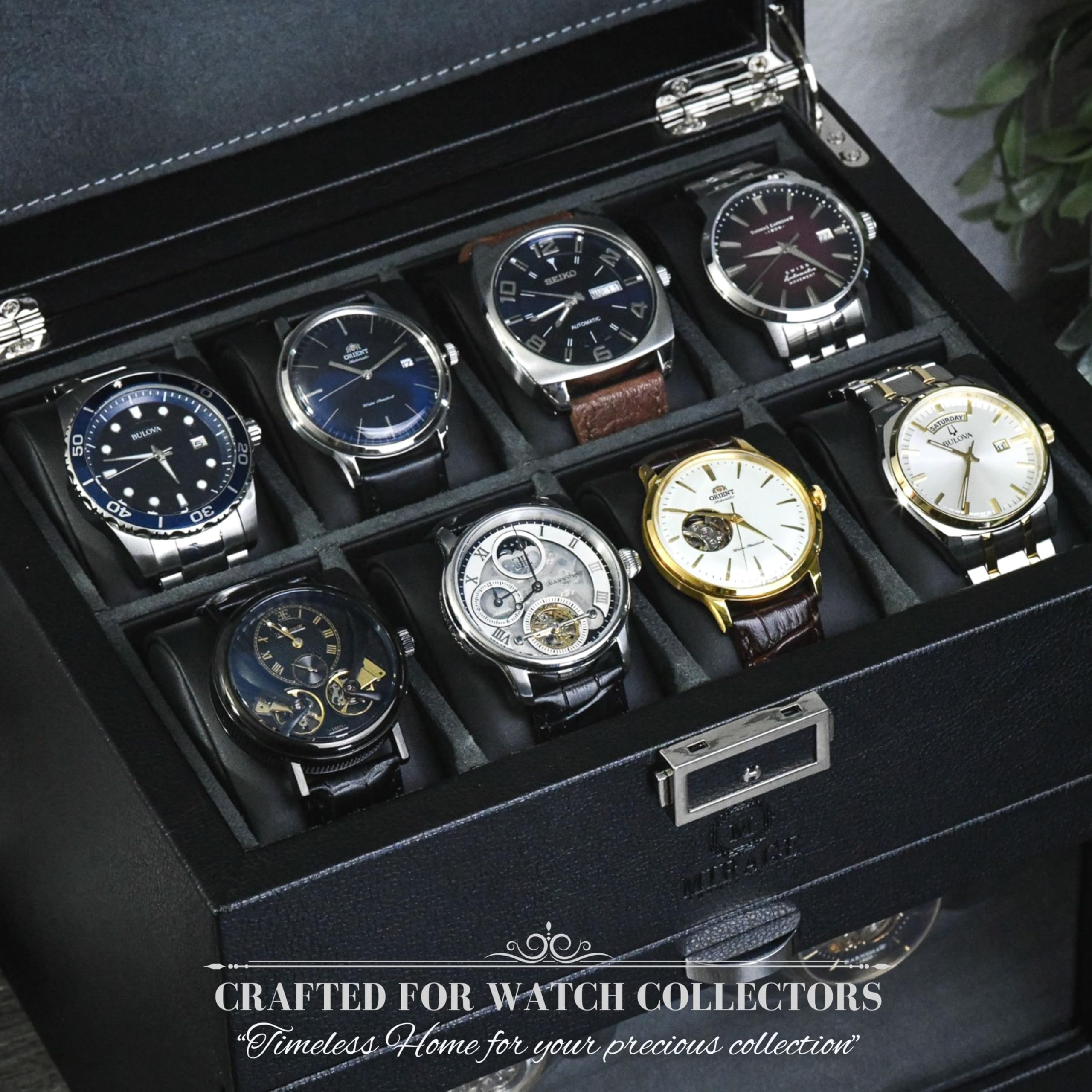 Premium Automatic Watch Winder Box with LED Lights & 8 Watch Storage - Swiss-Motif Ebony Black Design (US Brand) - Perfect for Watch Collectors & Luxury Timepiece Display at Home/Office