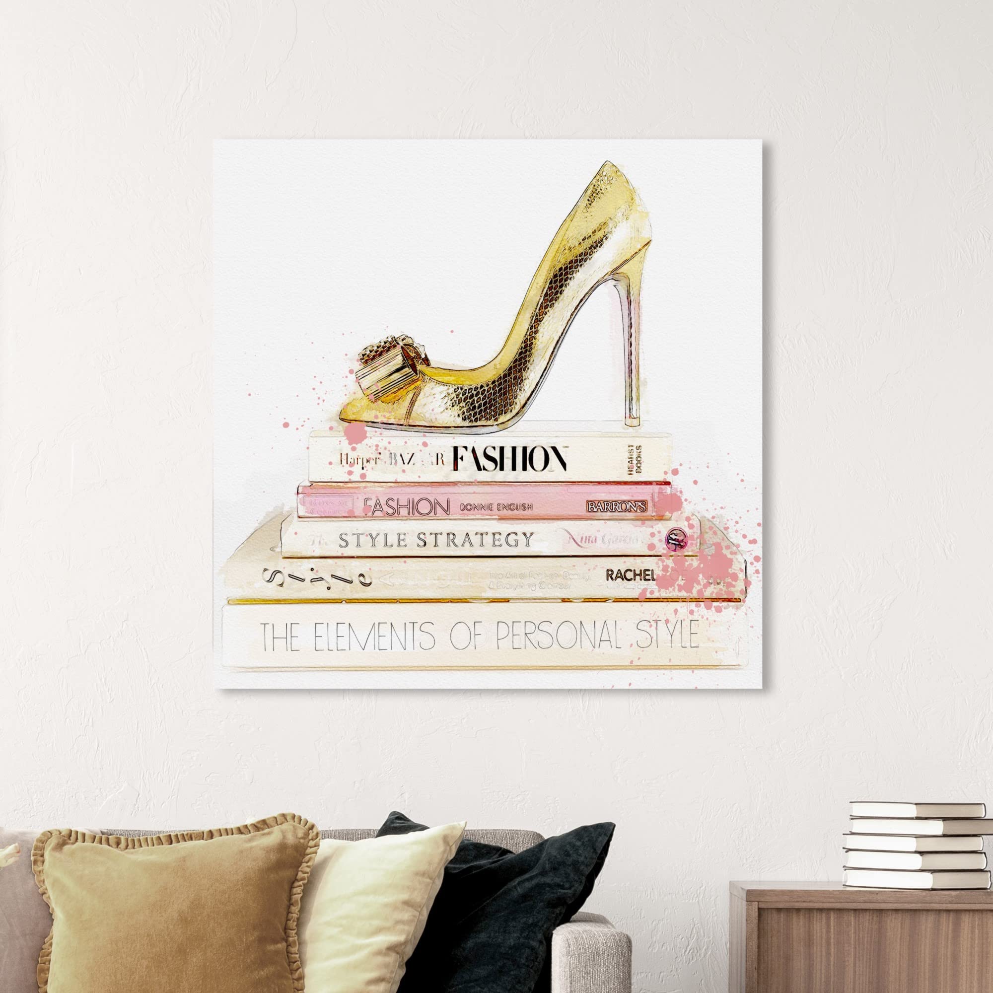 Oliver Gal Artist Co. Gold Shoe and Blush Books Canvas Wall Art - 40x40 Inches Ready to Hang Home Décor for Living Room, Bedroom & Bathroom - Fashion Glamorous Gold Canvas Painting for Women's Fashion Lovers & Book Enthusiasts