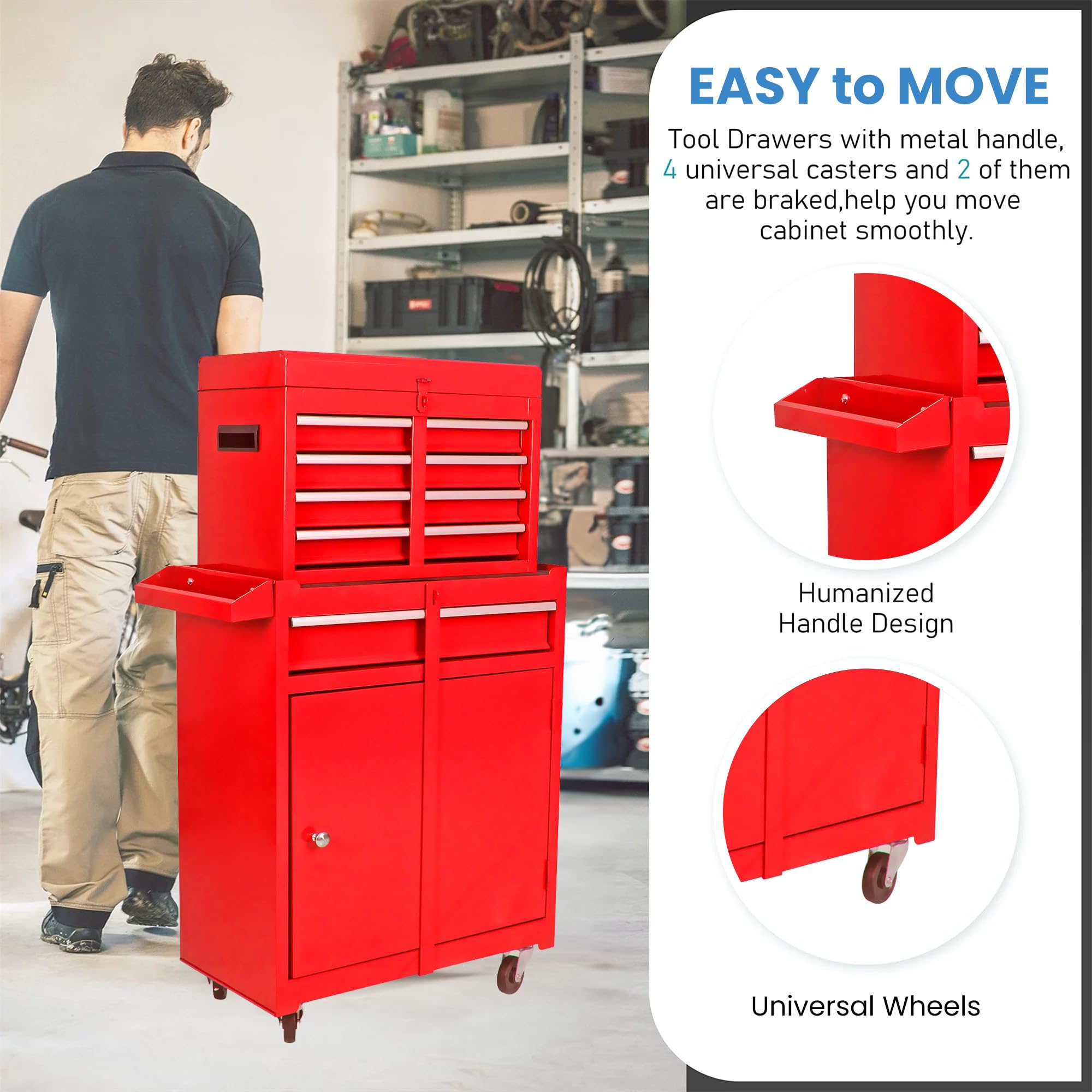 5-Drawer Rolling Tool Chest with Wheels & 2 Lockers - Heavy Duty Detachable Tool Cabinet for Garage, Warehouse & Workshop - Red (Ideal for Automotive Repair, DIY Projects & Professional Tool Organization)