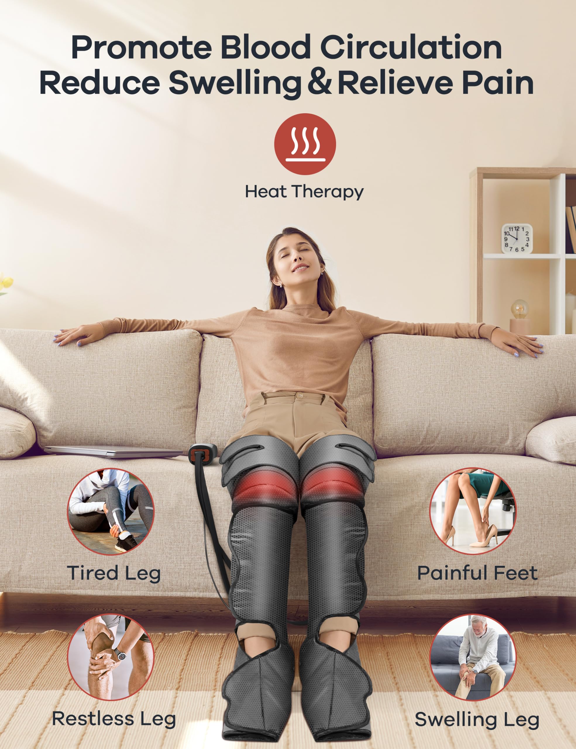 WELOV Leg Compression Massager with Heat & Vibration - 6 Massage Modes for Circulation, Pain Relief & Relaxation - Perfect Gift for Women, Men, Mom & Dad - Ideal for Post-Workout Recovery, Office Use & Home Relaxation