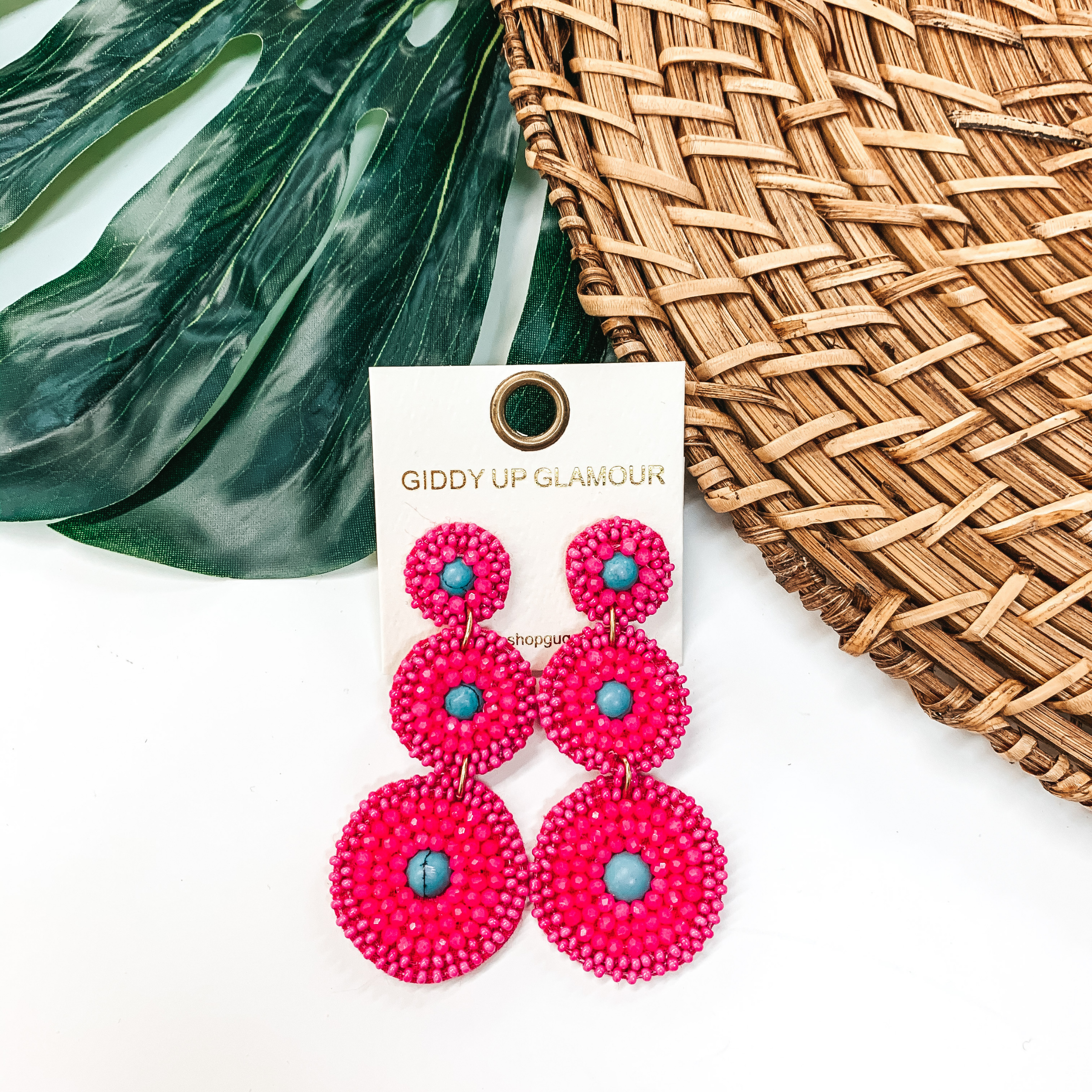 Fuchsia Circle Drop Seed Beaded Post Earrings for Women - Elegant Dangle Earrings for Parties, Weddings & Everyday Wear