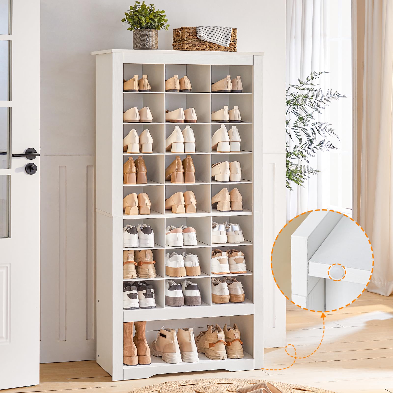 HOOBRO 9-Tier Tall Shoe Storage Cabinet - White Wooden Entryway Organizer with 24 Cubbies & 3 Hooks | Freestanding Shoe Rack for Closet, Living Room, Bedroom | Perfect for Small Spaces & Shoe Collection Organization