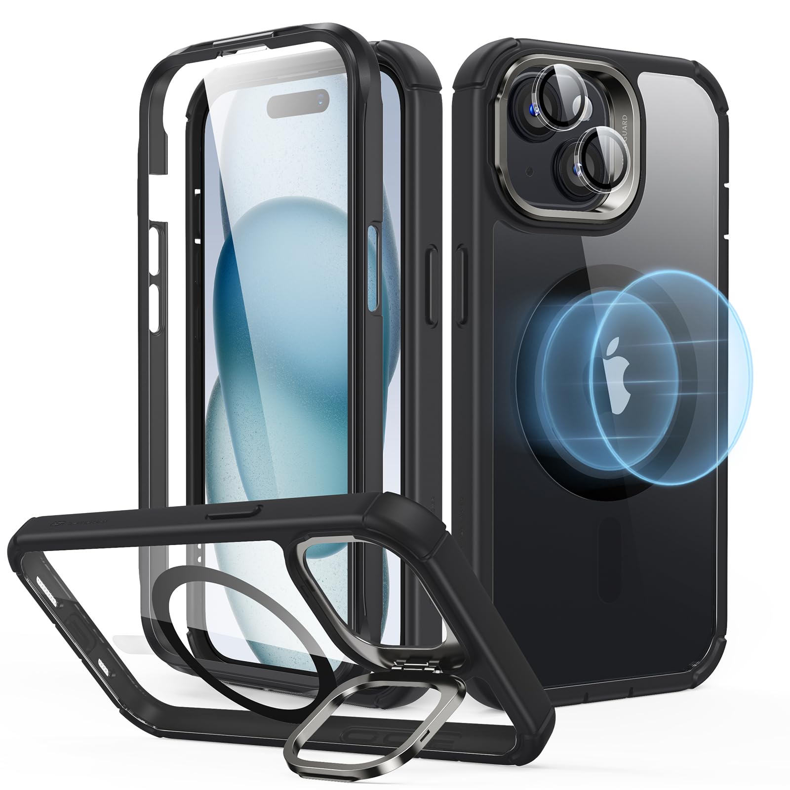ESR for iPhone 15 Plus Case - Military-Grade Shockproof MagSafe Case with Stand | Clear Black Armor Series | Perfect for Outdoor Adventures, Work & Travel Protection