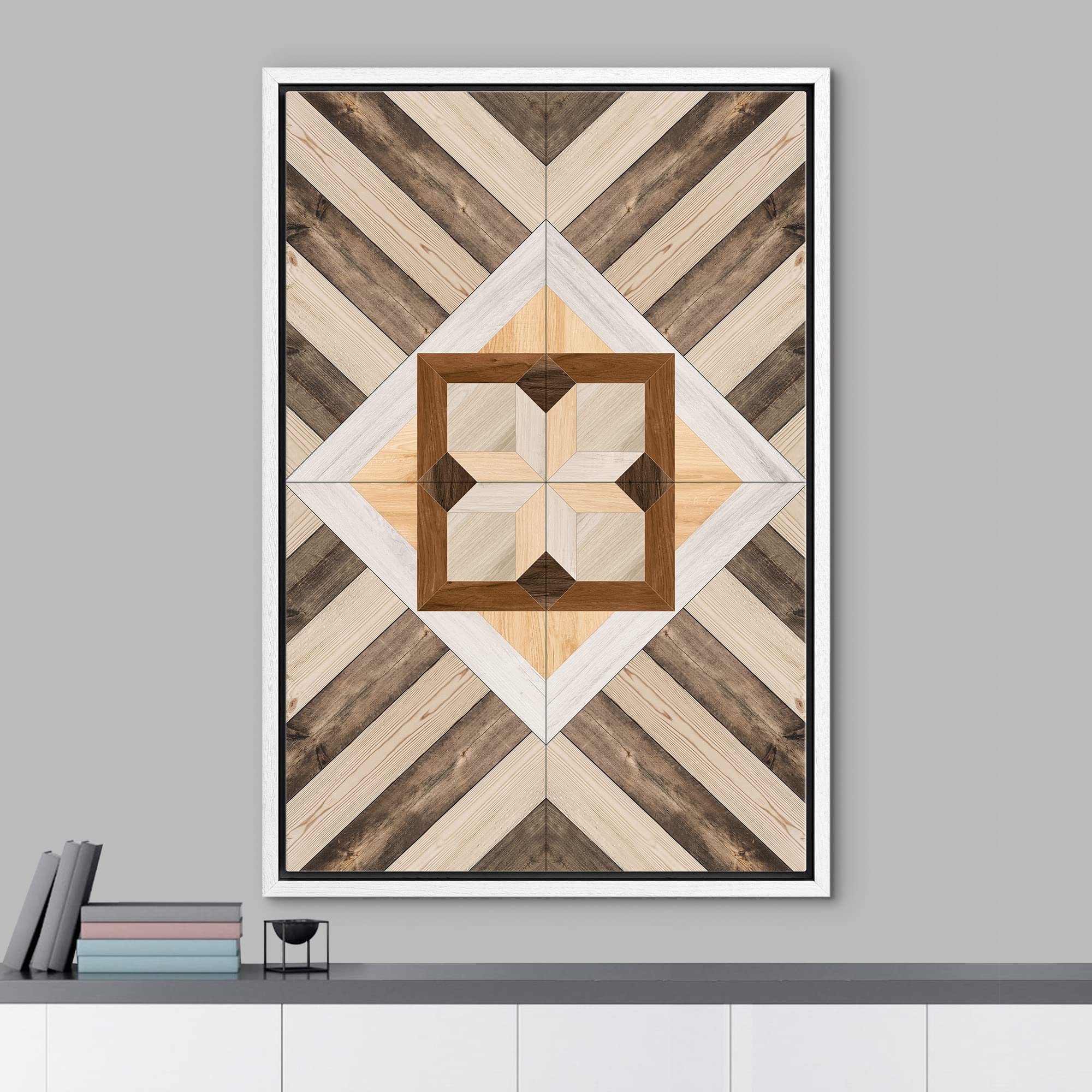 IDEA4WALL Framed Canvas Print - Modern Western Decor with Geometric Polygon Wood Panel Pattern, Abstract Shapes, Minimal Boho Style, Nordic Art for Living Room, Bedroom, Office - 16