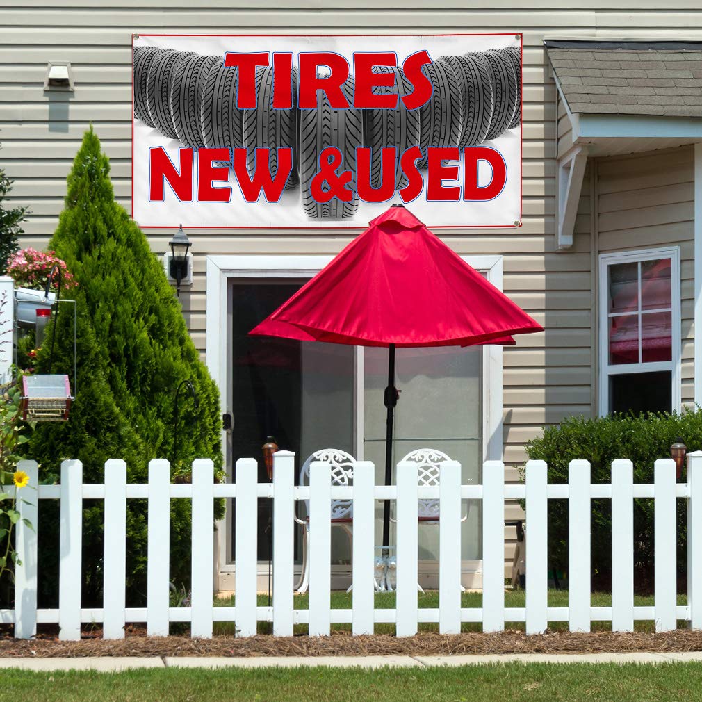 Durable Vinyl Banner for Tires - Multiple Sizes (New & Used) | Red Weatherproof Outdoor Automotive Sign | Industrial Yard Sign with 10 Grommets (60x144 Inches) | Perfect for Car Dealerships, Tire Shops & Outdoor Advertising