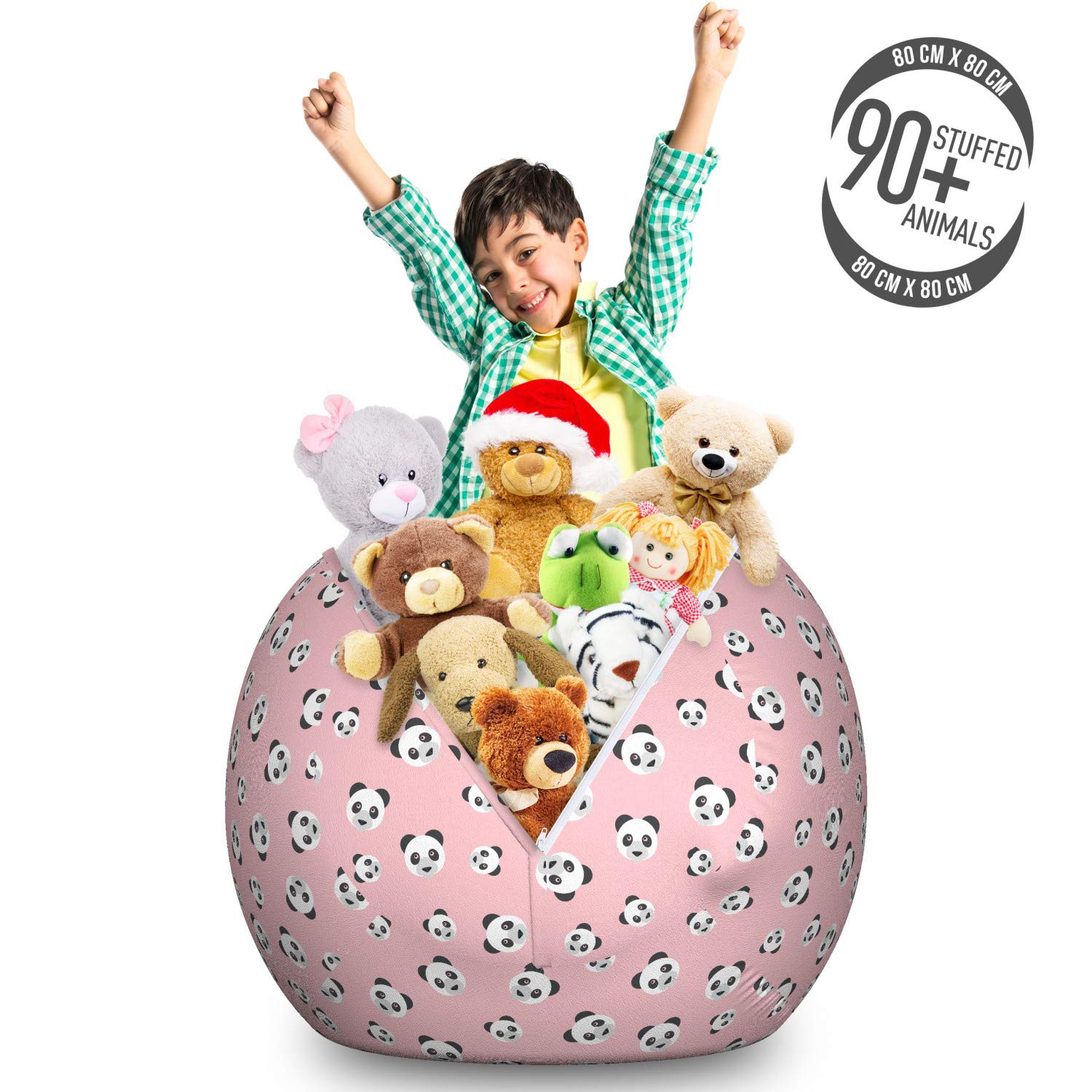 Lunarable Pink Panda Toy Storage Bag Chair - Large Washable Stuffed Animal Organizer with Chinese Cartoon Bear Design, Grey Charcoal | Perfect for Kids' Room, Nursery & Playroom Organization