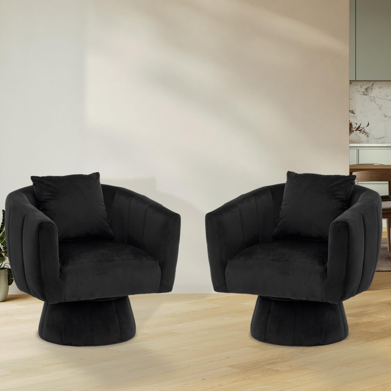 Karl Home Swivel Accent Chair Set of 2 - 360° Rotating Modern Velvet Barrel Chairs with Plush Cushions, Upholstered Armchairs for Living Room, Bedroom & Lounge - Perfect for Reading Nooks, Home Offices and Cozy Conversation Areas (Black)