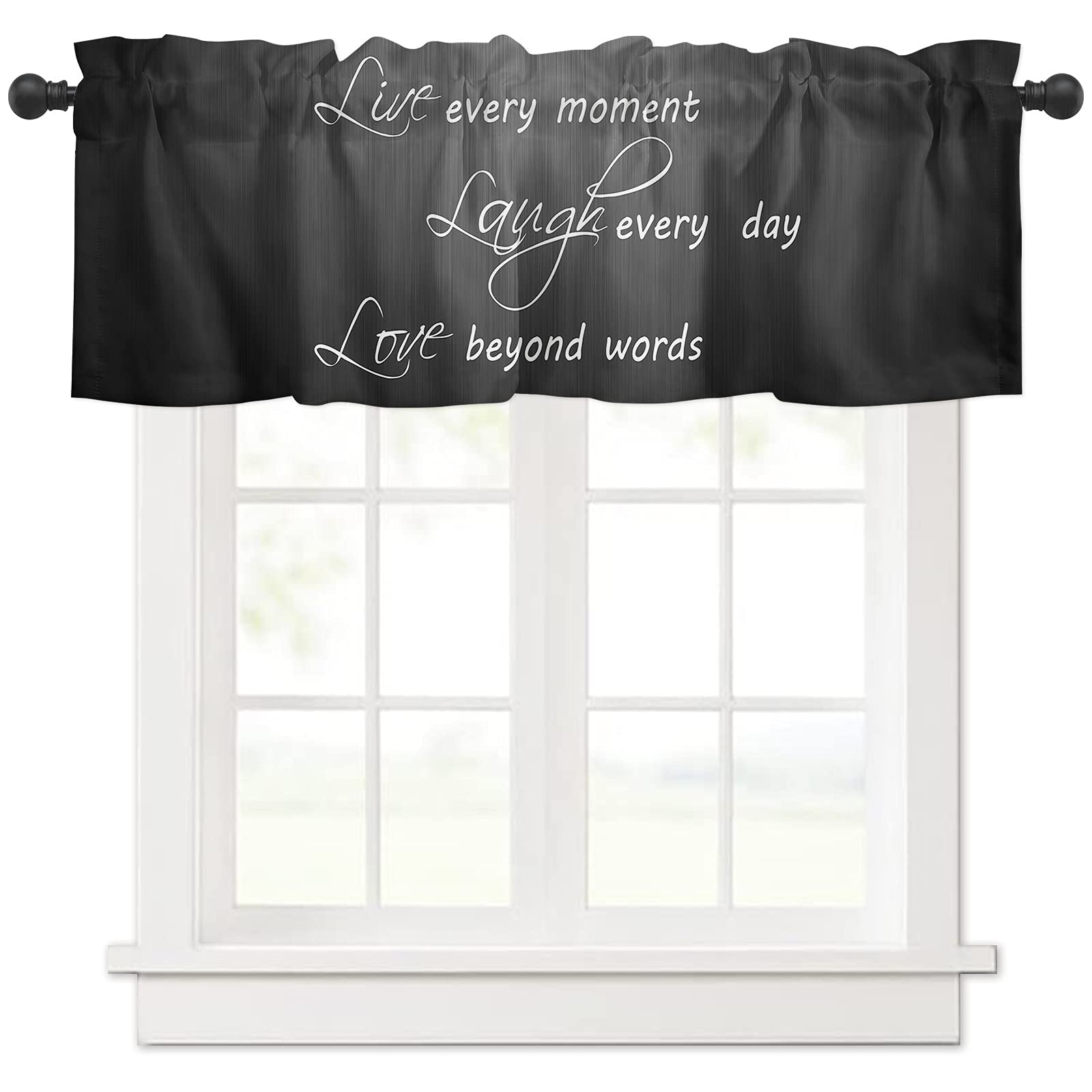 Live Laugh Love Black Rod Pocket Window Valances - 54x18 Inch Curtain Toppers for Living Room, Bedroom & Kitchen Decor | Motivational Home Textiles for Cozy Spaces