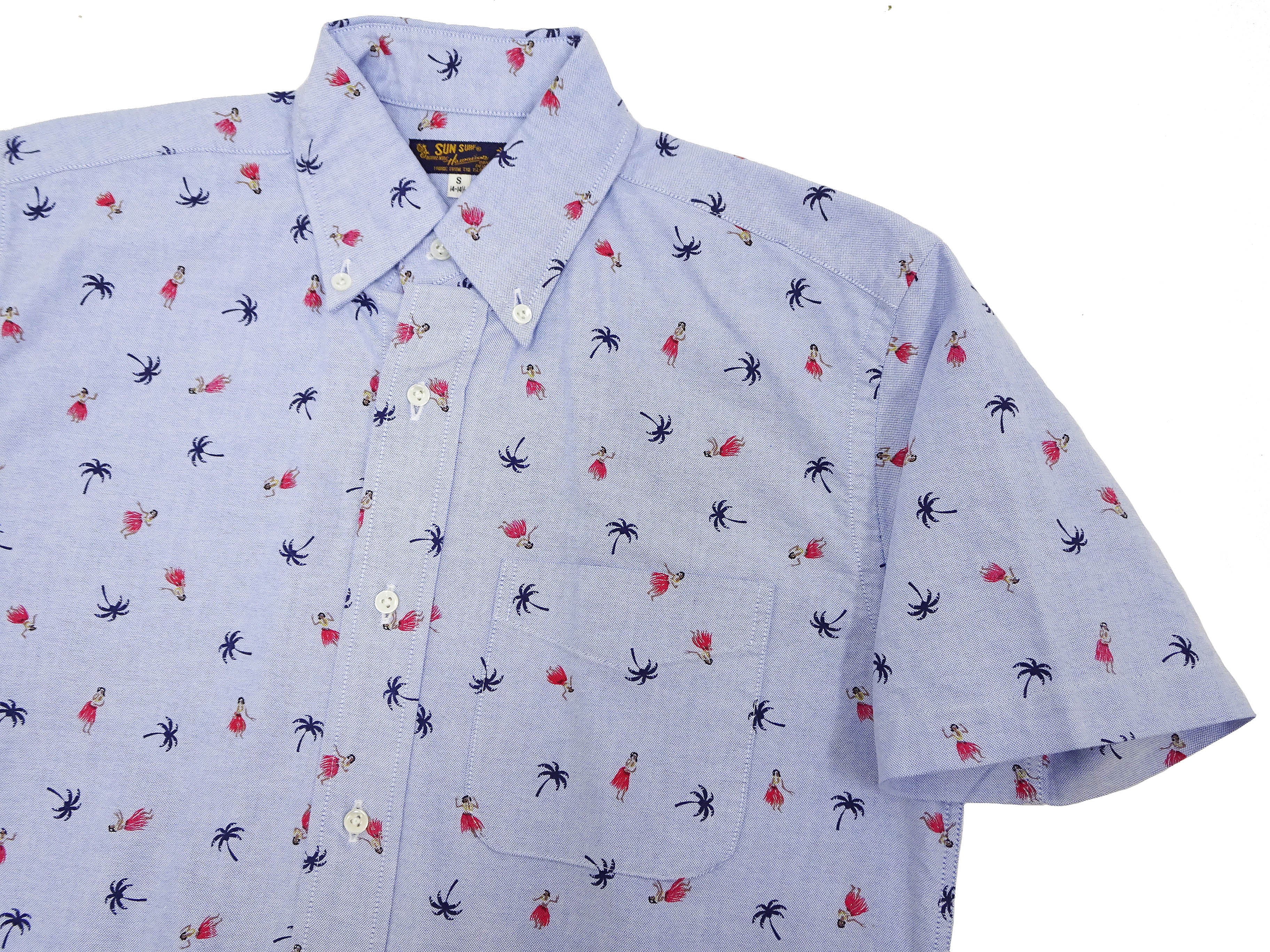Men's Casual Short Sleeve Button Down Shirt - Sun Surf Hula Dancer & Palm Tree All Over Print Oxford Shirt (SS39282) in Blue - Perfect for Beach Parties, Summer Vacations & Tropical Getaways