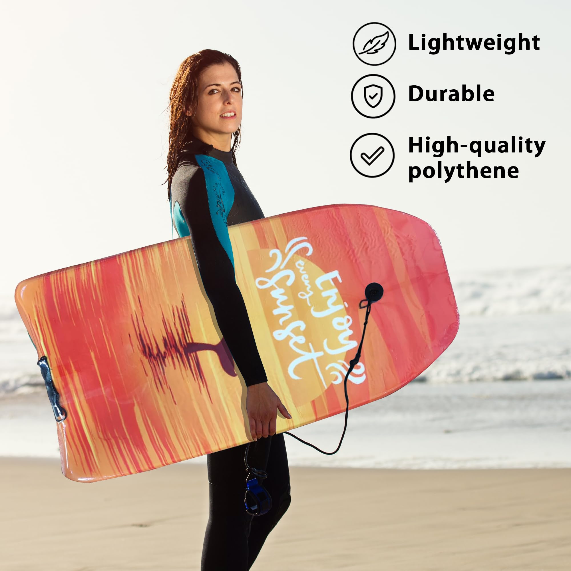 Premium Lightweight & Durable Boogie Board for Adults - Beach Bodyboard with Leash & Slick Bottom for Surfing, Wave Riding & Summer Water Sports