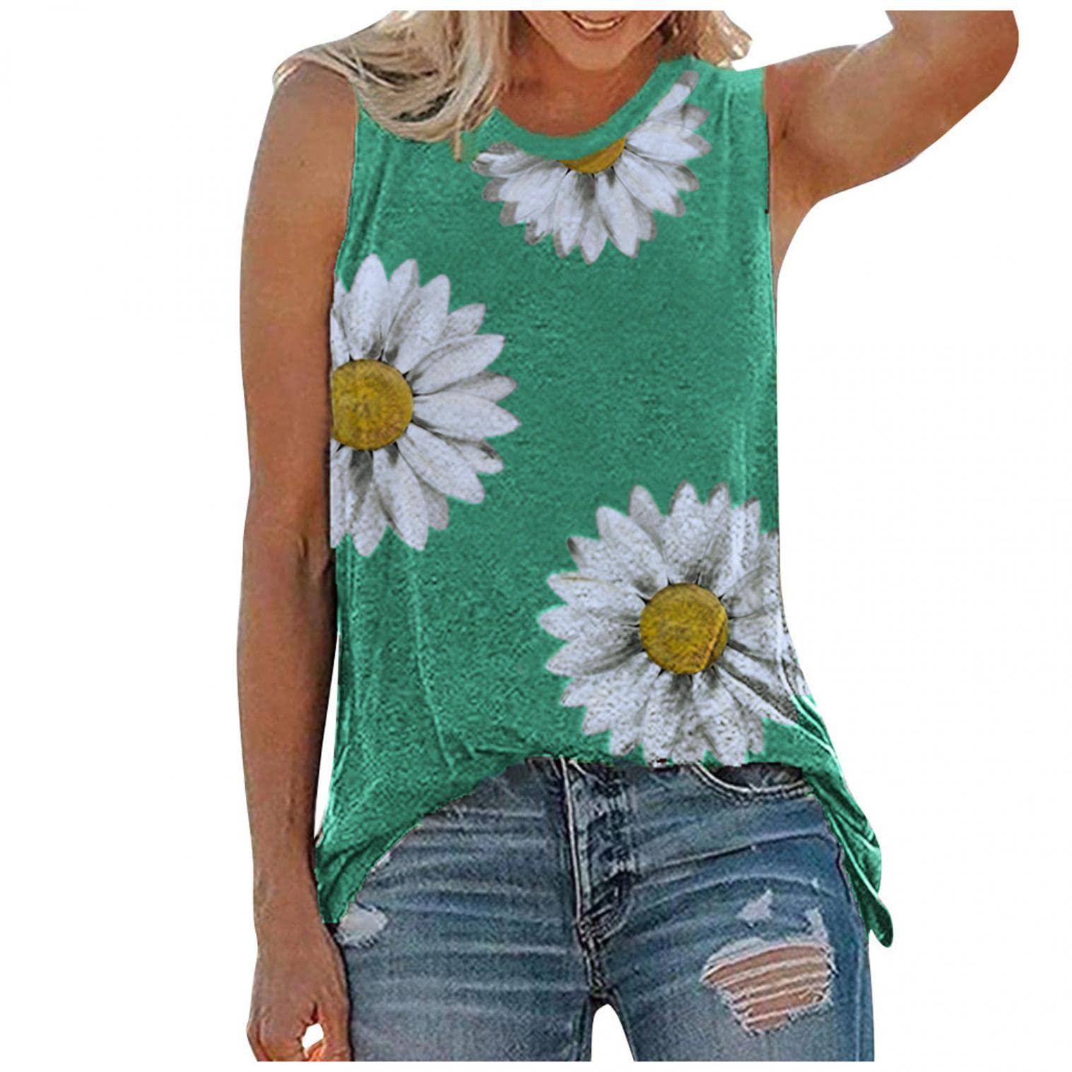 Masbird Women's Casual Daisy Print Sleeveless Tank Top - O-Neck Summer Graphic Blouse for Beach, Yoga & Everyday Wear