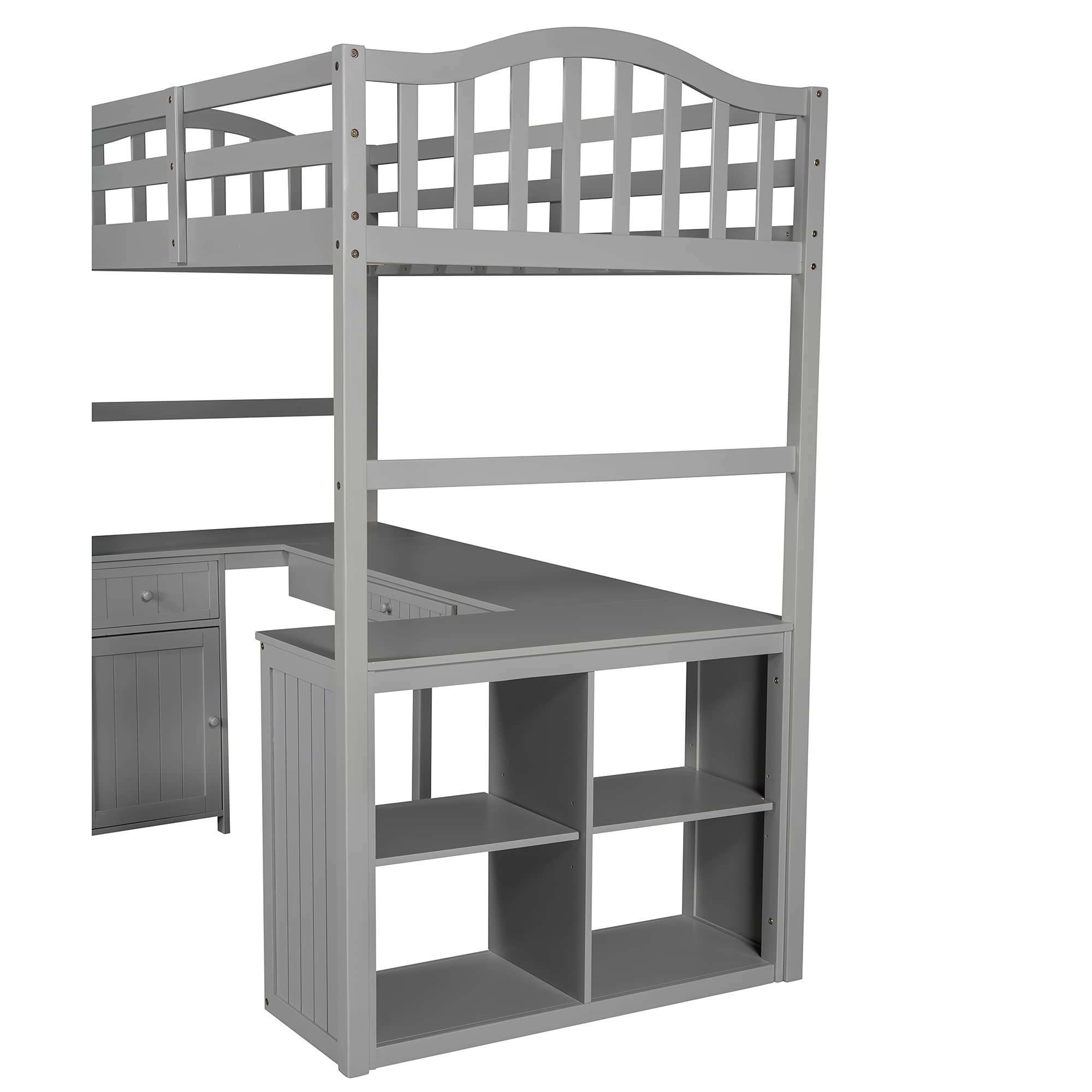 Merax Twin Size Wooden Loft Bed with Built-in Desk, 2 Drawers & Storage Cabinet - Space-Saving Multi-Functional Bed Frame with Ladder & Safety Guardrails - No Box Spring Needed - Grey - Perfect for Kids Rooms, Small Apartments & Dorm Rooms