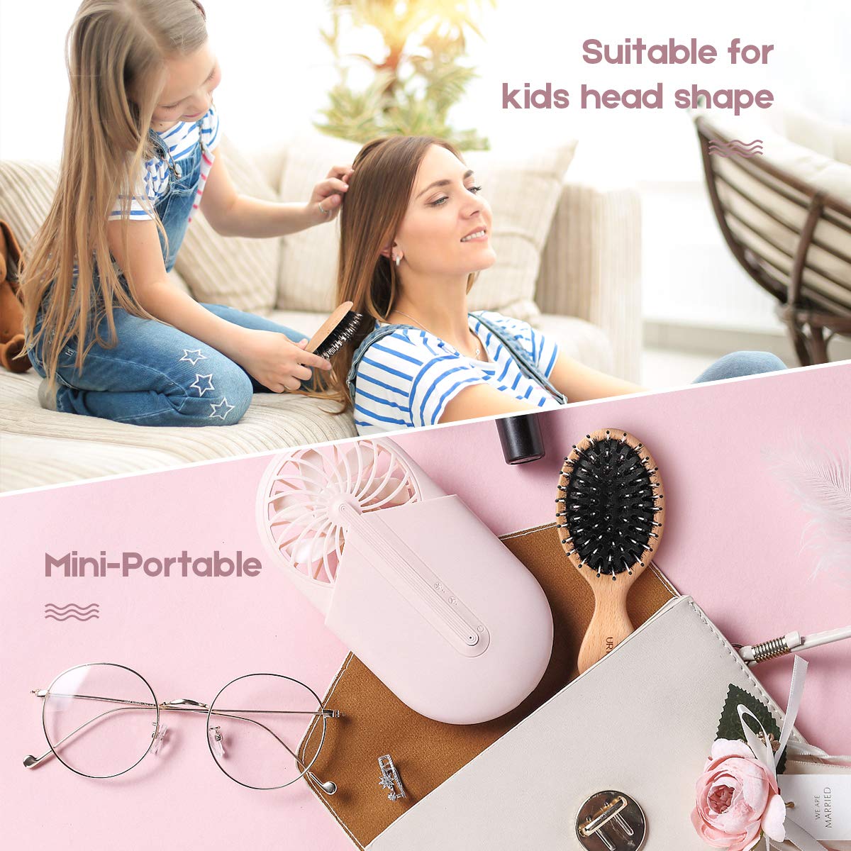 Natural Boar Bristle Hair Brush & Comb Set for Women, Men & Kids - Wooden Paddle Hairbrush with Travel Styling Brush for Wet/Dry Hair - Detangle, Smooth & Massage - Perfect for Home Use, Travel & Daily Hair Care