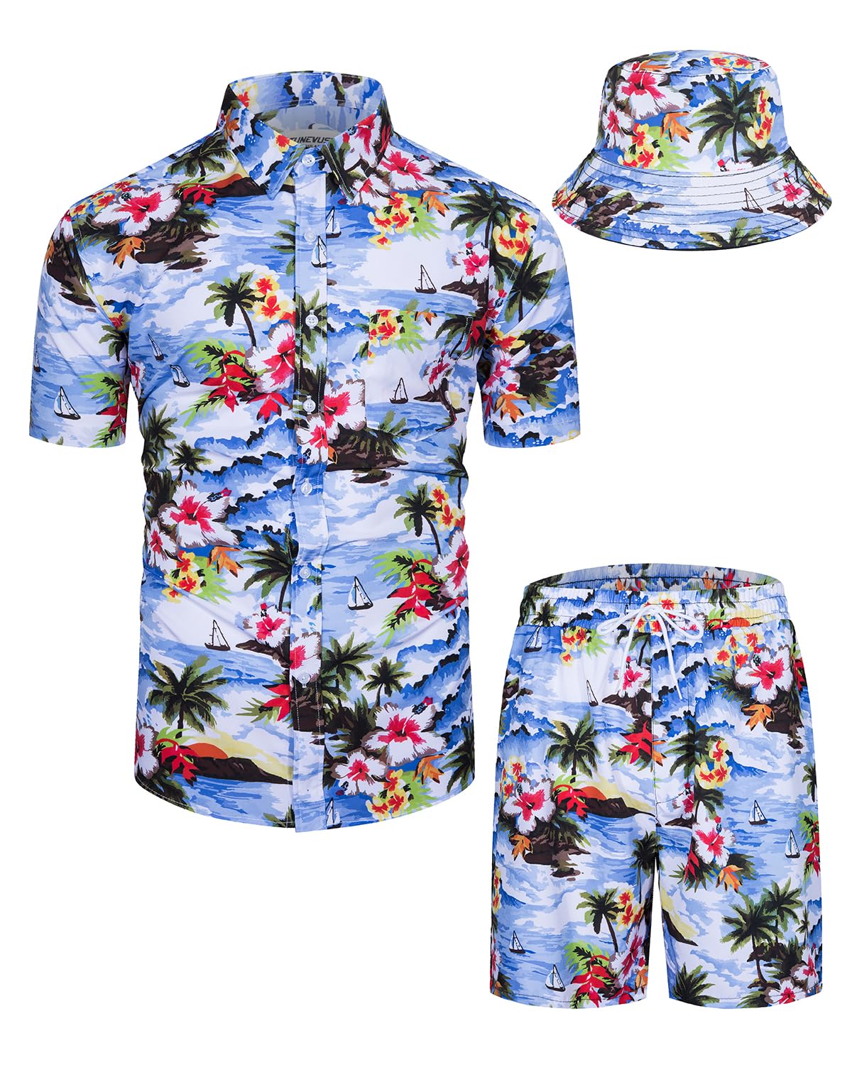 **TUNEVUSE Men's Hawaiian Shirts and Shorts Set - 2 Piece Tropical Beach Outfit with Floral Print & Bucket Hat | Summer Vacation, Luau Party, Poolside Relaxation**