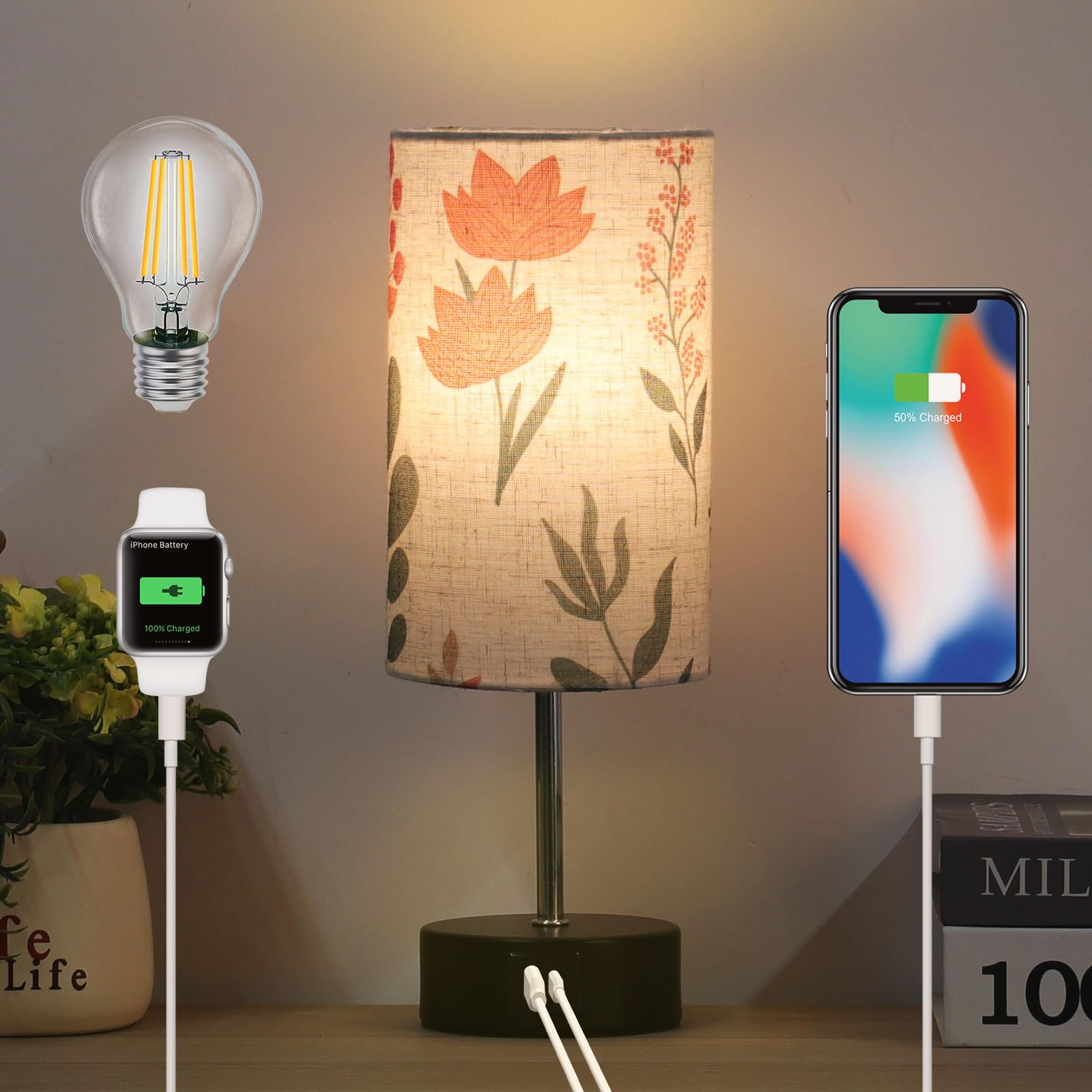 Smart Touch Control Desk Lamp with 2 USB Charging Ports | 3-Level Dimmable LED Bedside Lamp for Bedroom & Office | Modern Round Fabric Shade Nightstand Light (Rose Gold) - Perfect for Reading, Working & Creating Cozy Atmosphere