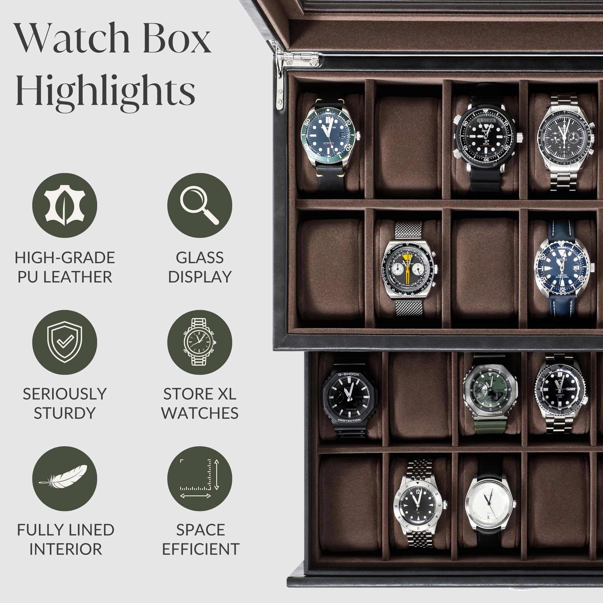TAWBURY 24 Slot Luxury Watch Box Organizer for Men - Premium Wooden Watch Display Case with Glass Top | Perfect for Watch Collection, Storage & Travel | Gift for Watch Enthusiasts