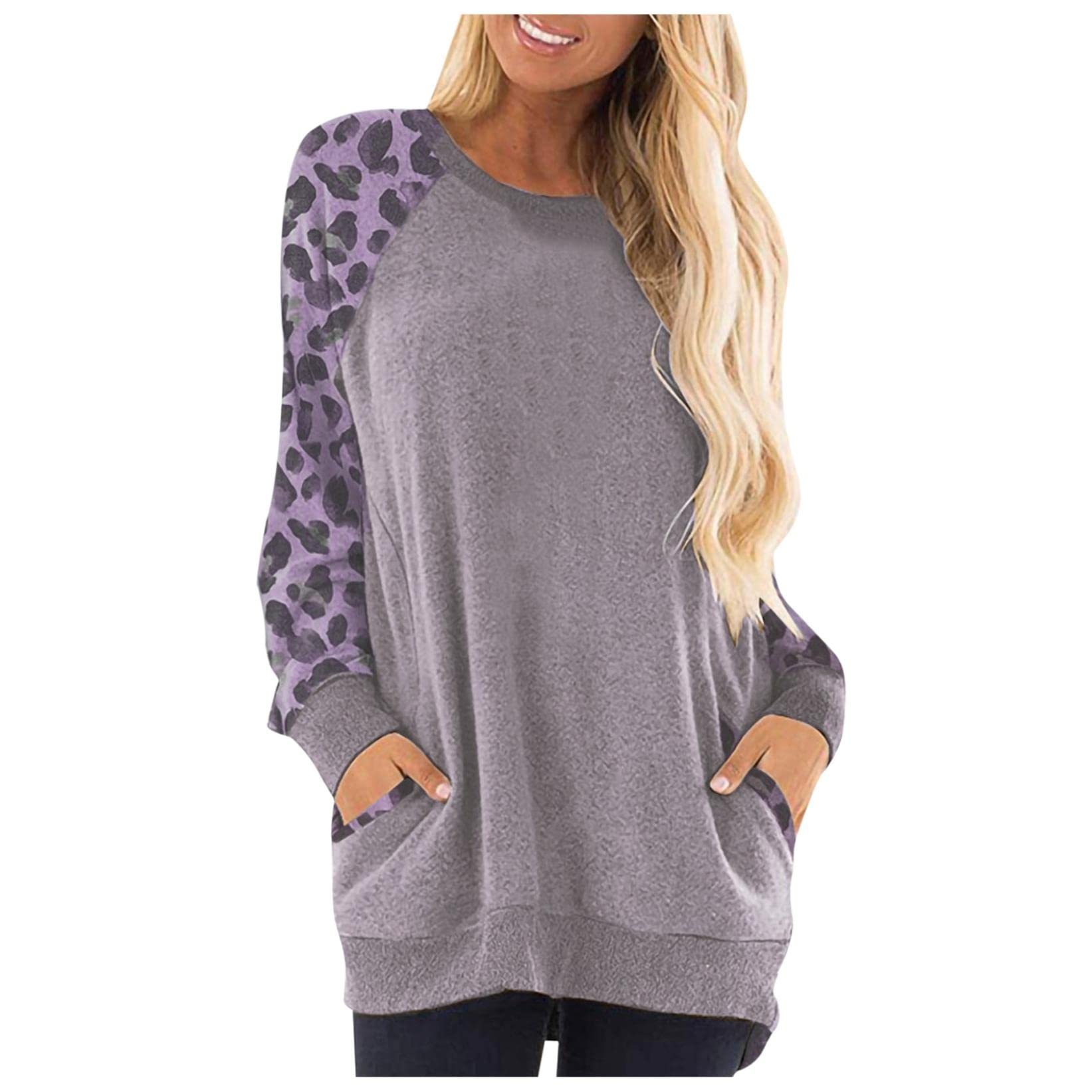 Women's Casual Color Block Long Sleeve Round Neck Pocket T-Shirt Blouse Sweatshirt Top - Comfortable Everyday Wear for Work, School & Outings