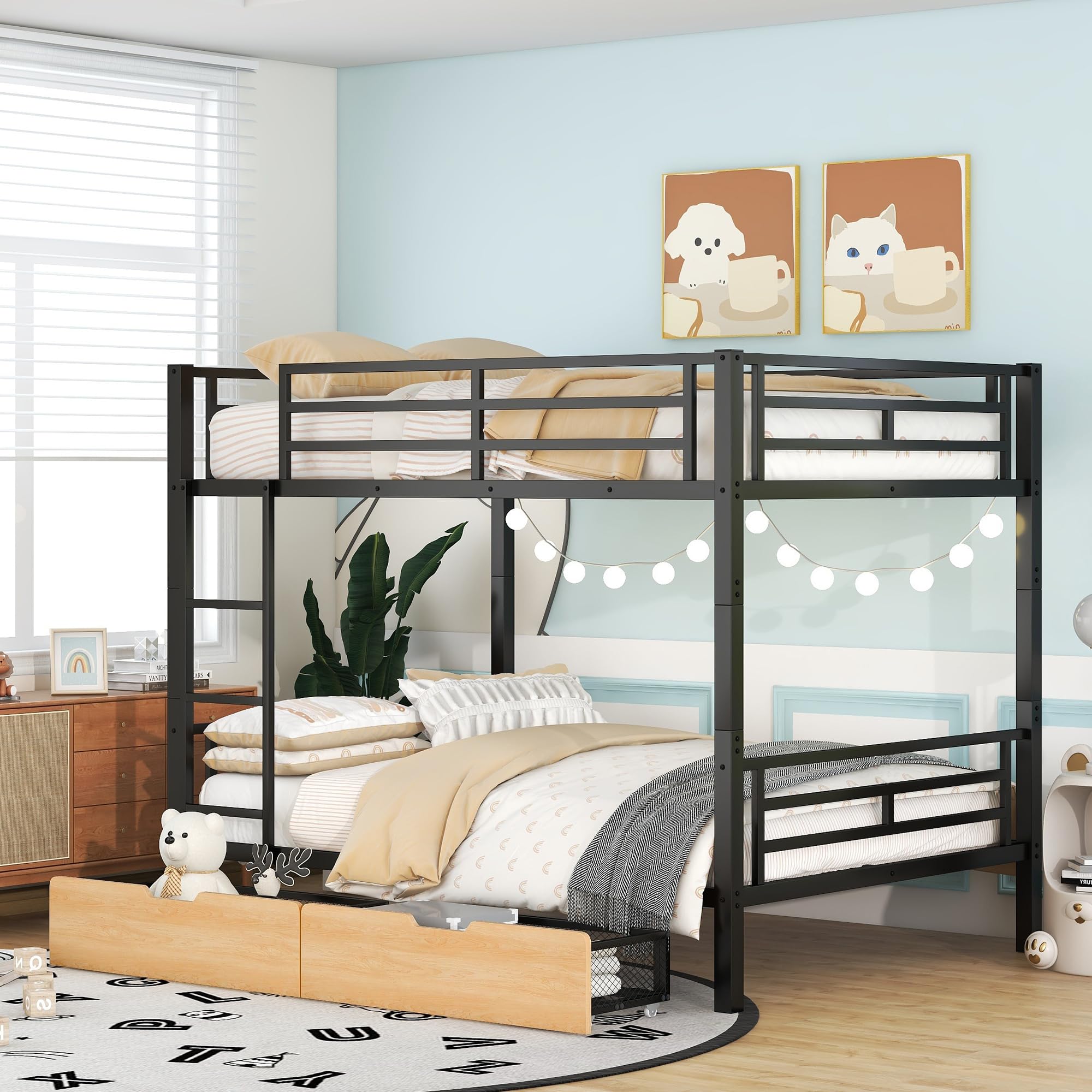 Full Over Full Bunk Bed with 2 Storage Drawers - Heavy Duty Metal Bunk Bed Frame with Safety Guard Rails & Ladder for Kids, Teens & Adults - Convertible to 2 Separate Beds - Space-Saving Black Bunk Bed for Small Rooms, Dorms & Guest Bedrooms