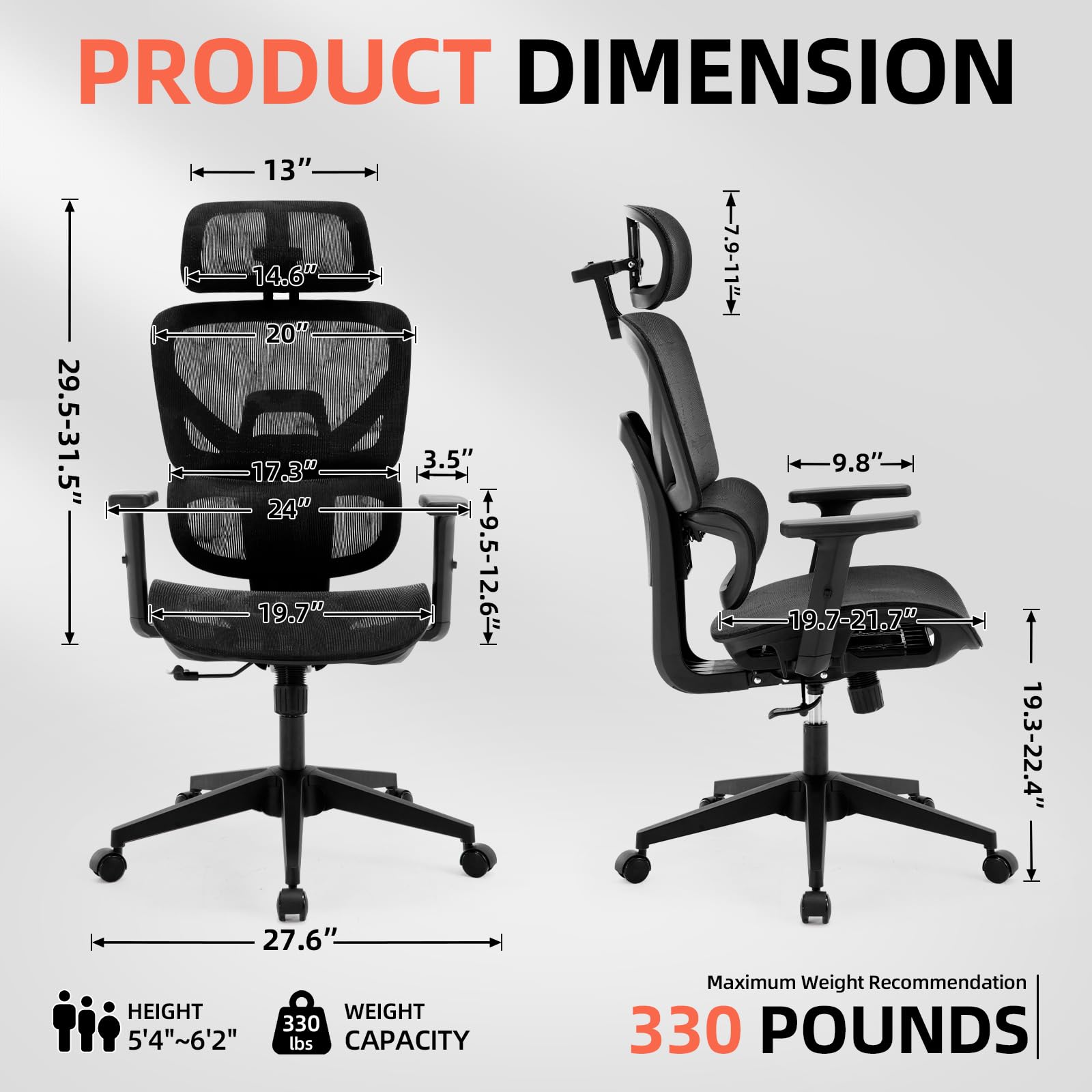 Ergonomic Office Chair with High Back & Lumbar Support - Big & Tall Mesh Desk Chair for Home Office, 400LB Capacity, Adjustable Armrests & Wheels - Perfect for Long Work Hours, Gaming, and Remote Work Comfort