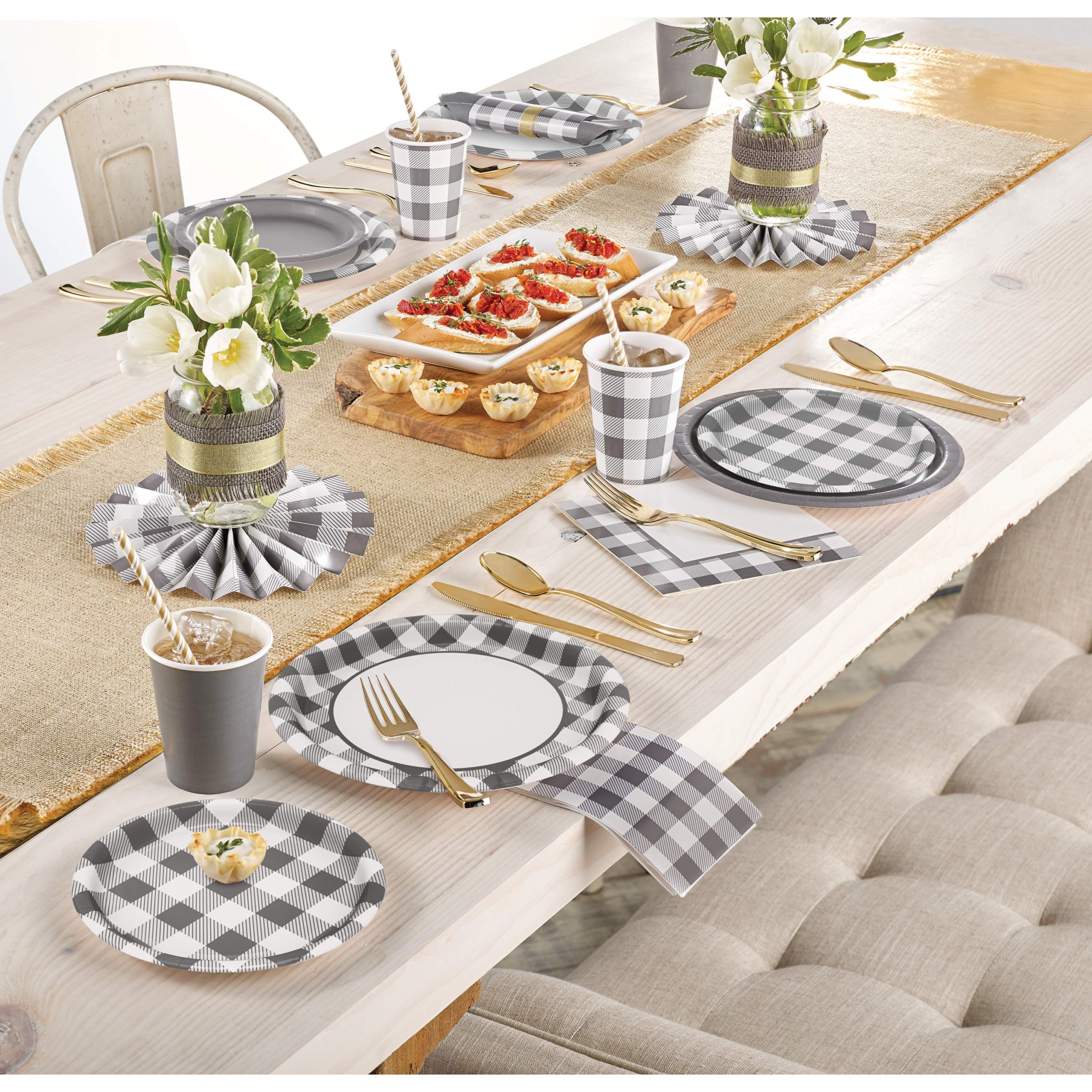 Creative Converting Gray and White Buffalo Check Disposable Cups, 8 Count - Perfect for Picnics, BBQs, and Party Decorations