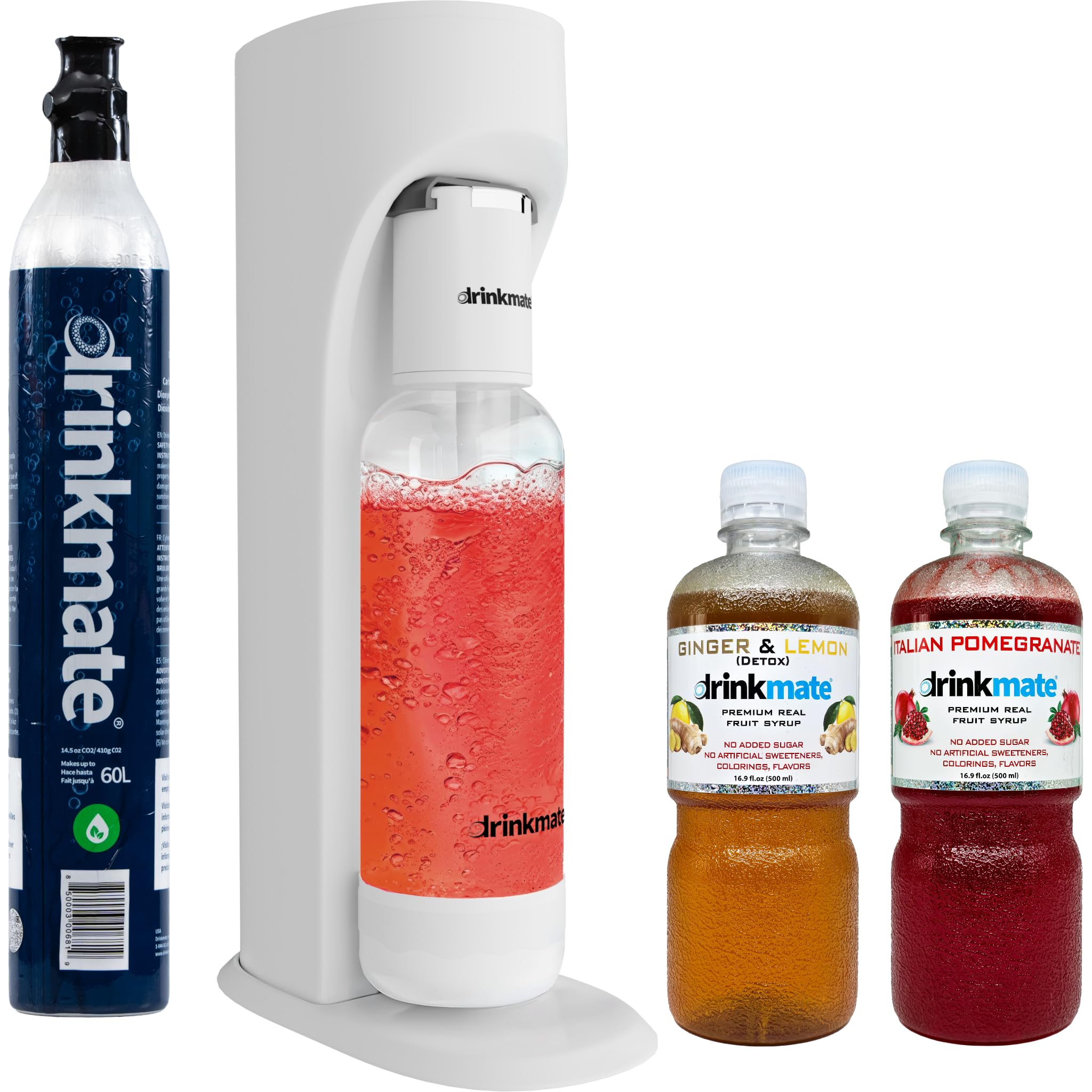 Drinkmate OmniFizz Sparkling Water Maker Machine - CO2 Carbonation System for Homemade Soda, Sparkling Water & Flavored Drinks - Includes 2 Syrups (Ginger Lemon & Italian Pomegranate) - Perfect for Home Bars, Parties & Healthy Hydration