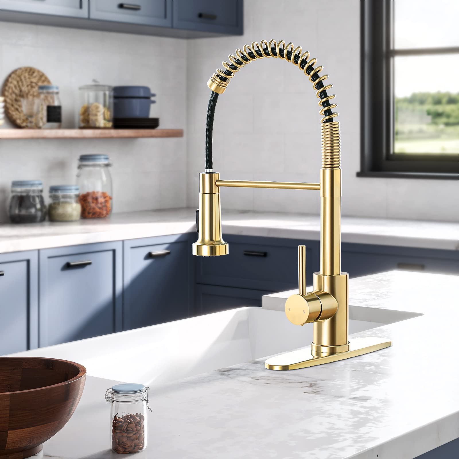 Commercial Single Handle Kitchen Faucet with Pull Down Sprayer - Brushed Gold Finish for Farmhouse, RV, Camper, Laundry & Wet Bar Sinks | Durable & Stylish for Home & Commercial Use