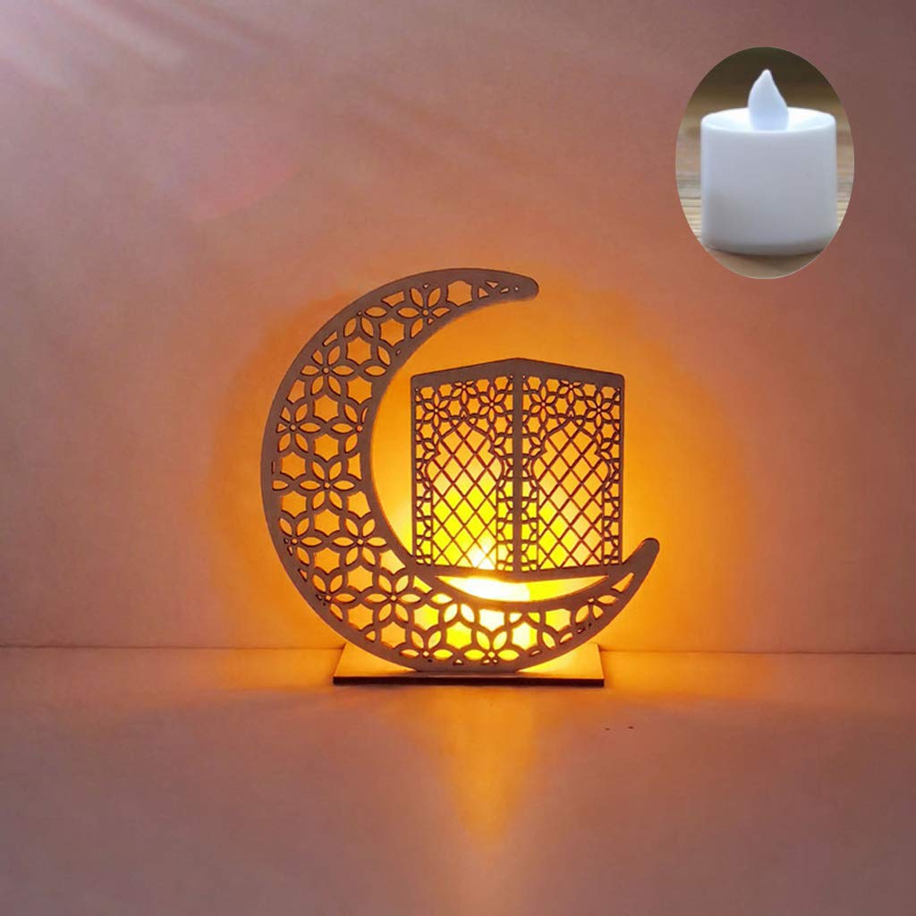 Ramadan Mubarak LED Decorative Lights - Wooden Moon & Star Eid Decor with Battery Operated Candles - Islamic Home Party Decorations for Ramadan, Eid al-Fitr, Iftar Dinner & Muslim Holiday Celebrations