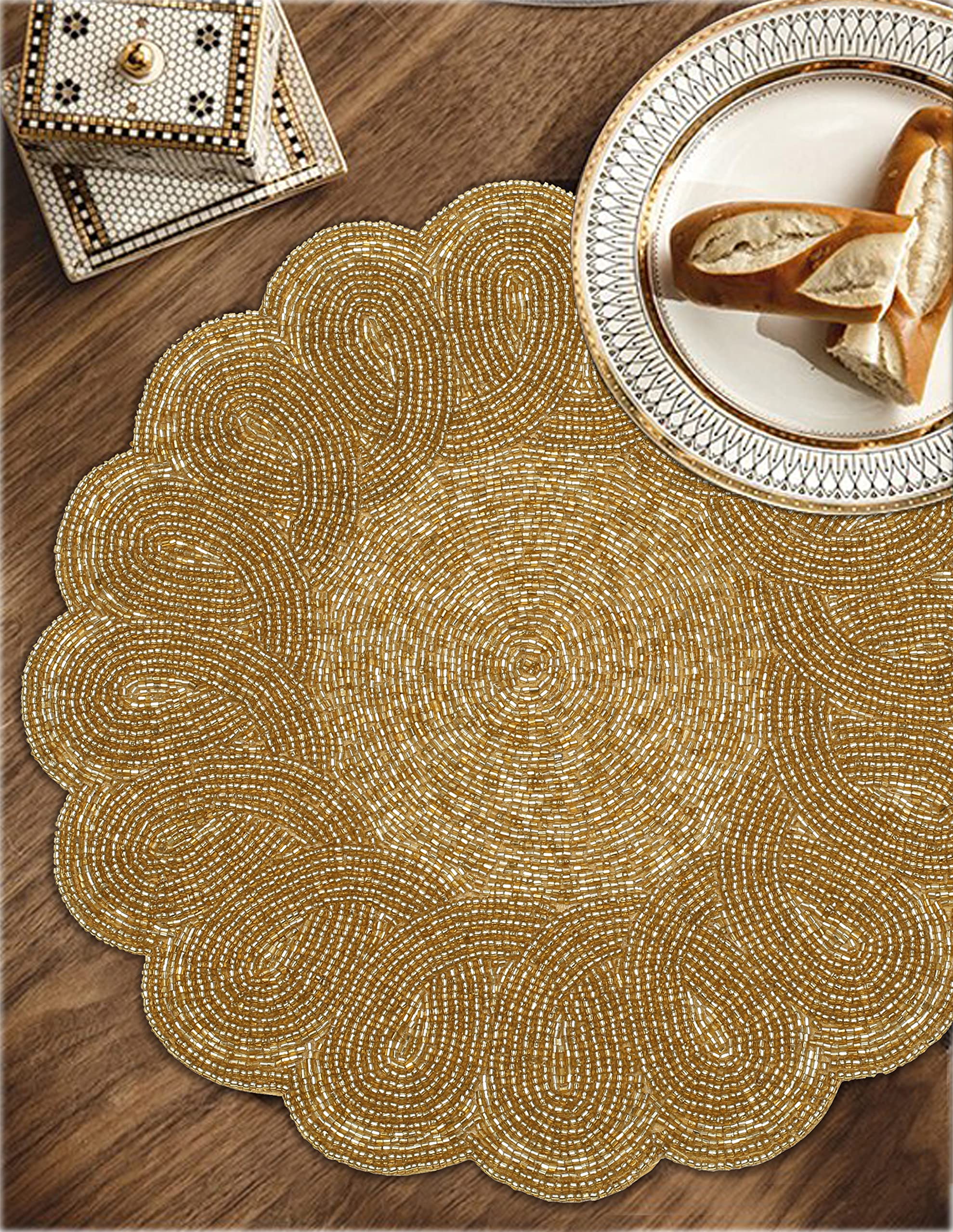 Lightnpro Christmas Beaded Placemat Set of 2 - 13 Inch Round Embroidered Gold Table Mats, Handmade Beaded Charger Plates for Holiday Dining Decor, Perfect for Christmas Dinner Party Table Setting & Festive Home Decor