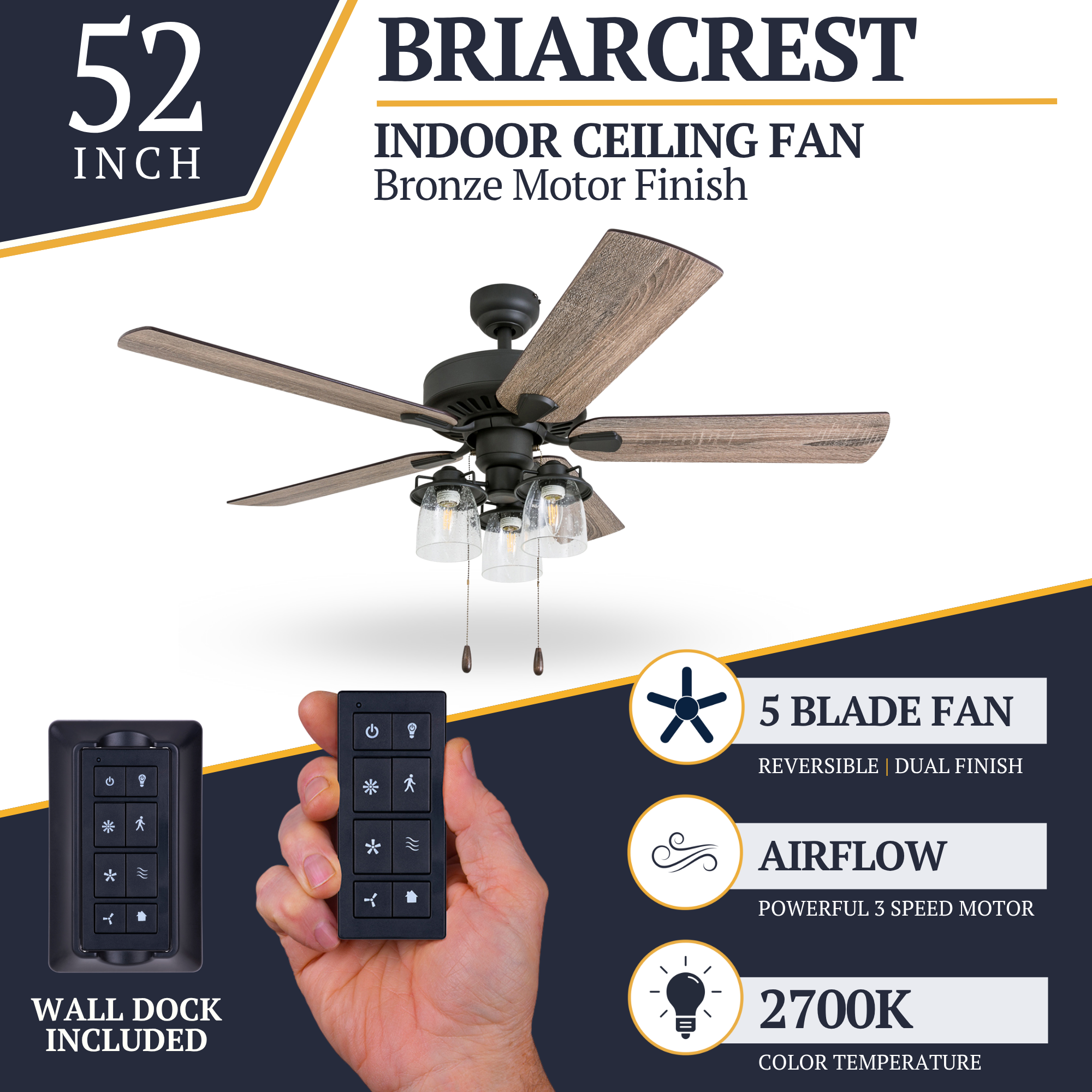 52 Inch Briarcrest Bronze Remote Control Ceiling Fan with Light Kit - Quiet Reversible Motor for Bedroom, Living Room, and Outdoor Patio