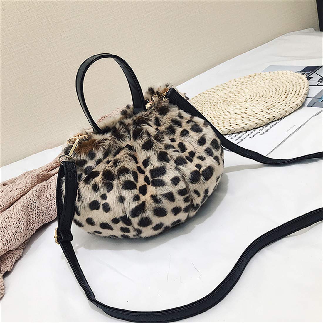 Marchome Women's Small Round Faux Fur Crossbody Shoulder Bag - Leopard Print Fashion Purse for Casual Outings, Parties & Date Nights
