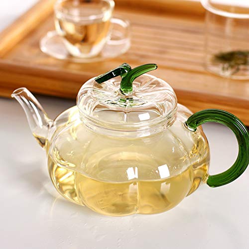Premium Glass Tea Infuser with Warmer & Matching Cups - Green Pumpkin Design - Perfect for Loose Leaf Tea Brewing at Home, Office or Gifts for Tea Lovers