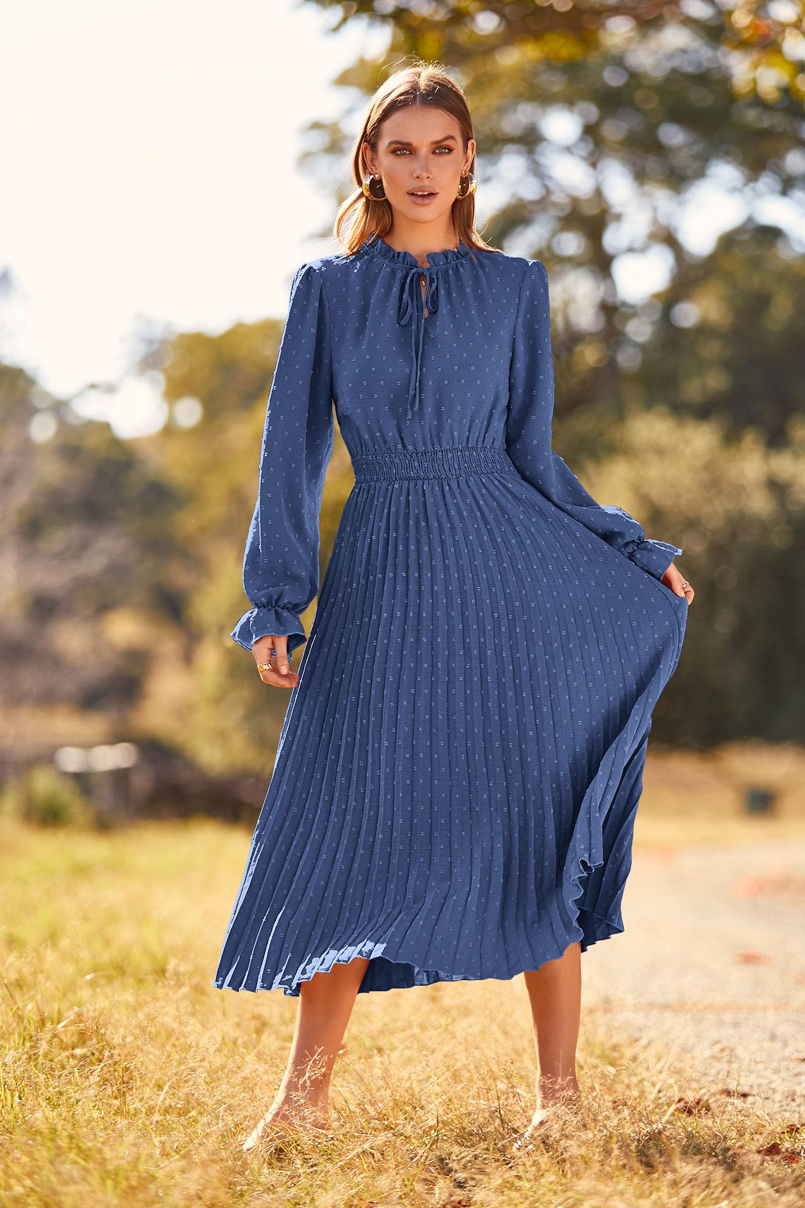 PRETTYGARDEN Women's Swiss Dot Pleated Midi Dress - Long Sleeve V-Neck A-Line Flowy Casual Dress for Spring Fall 2025 | Perfect for Office Wear, Date Nights & Special Occasions